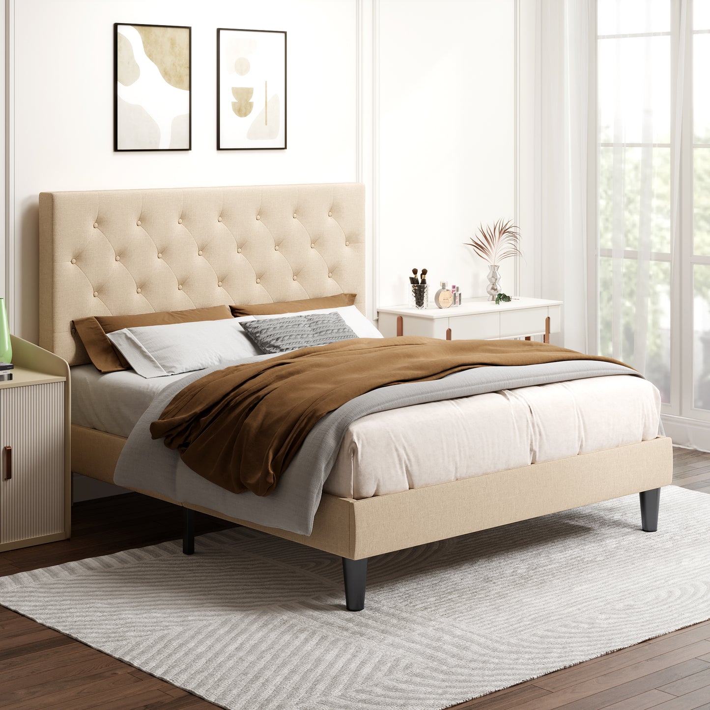 Allewie Faux Leather Upholstered Platform Bed Frame with Adjustable Diamond Stitched Button Tufted Headboard, White
