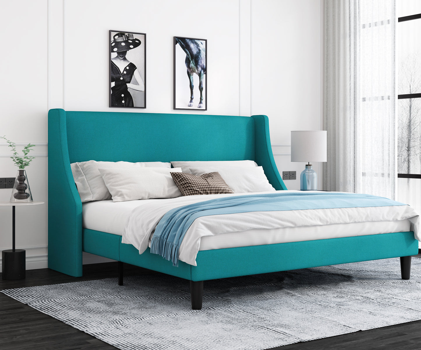 Allewie Queen Size Fabric Upholstered Platform Bed Frame with Wingback Headboard, Light Grey
