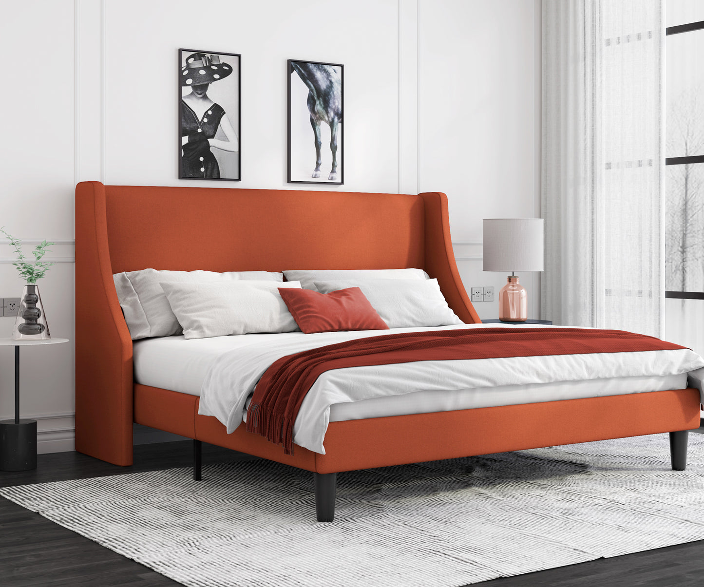 Allewie Queen Size Fabric Upholstered Platform Bed Frame with Wingback Headboard, Light Grey