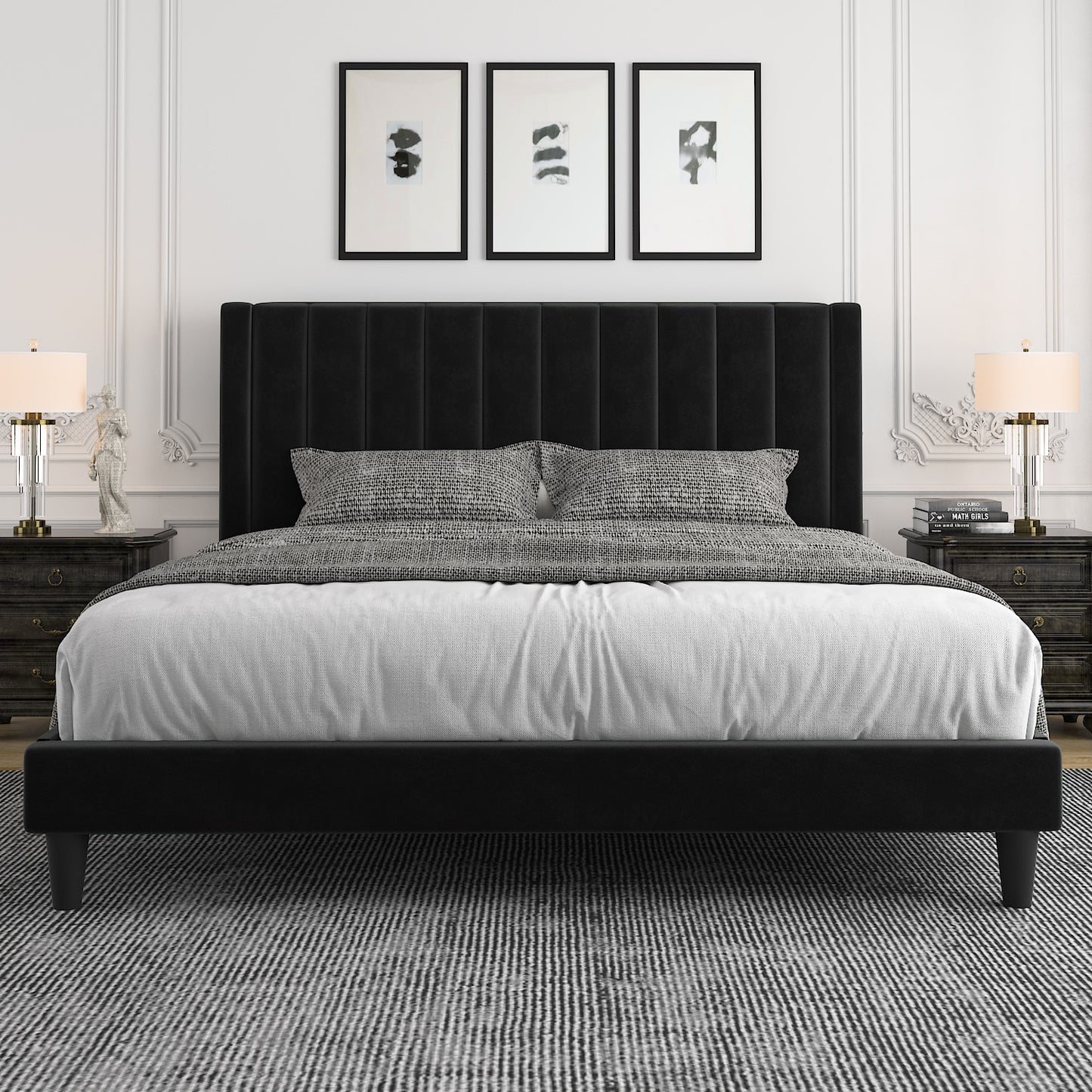 Allewie Velvet Upholstered Bed Frame with Vertical Channel Tufted Headboard, Black