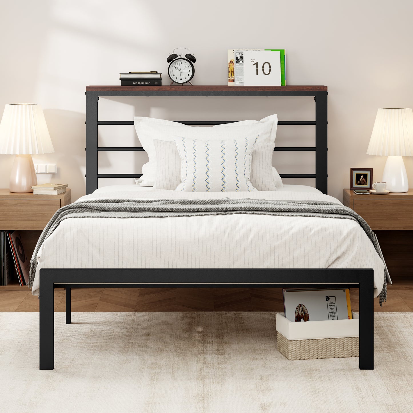 Allewie Modern Platform Bed Frame with 4.7" Headboard Shelf