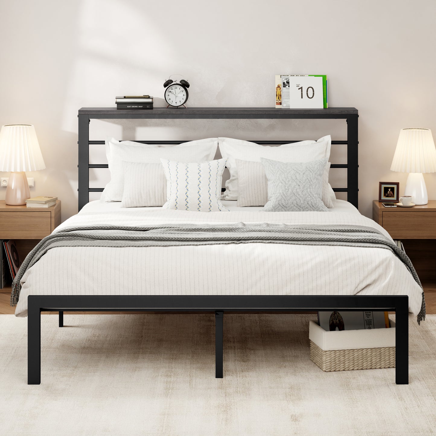 Allewie Modern Platform Bed Frame with 4.7" Headboard Shelf