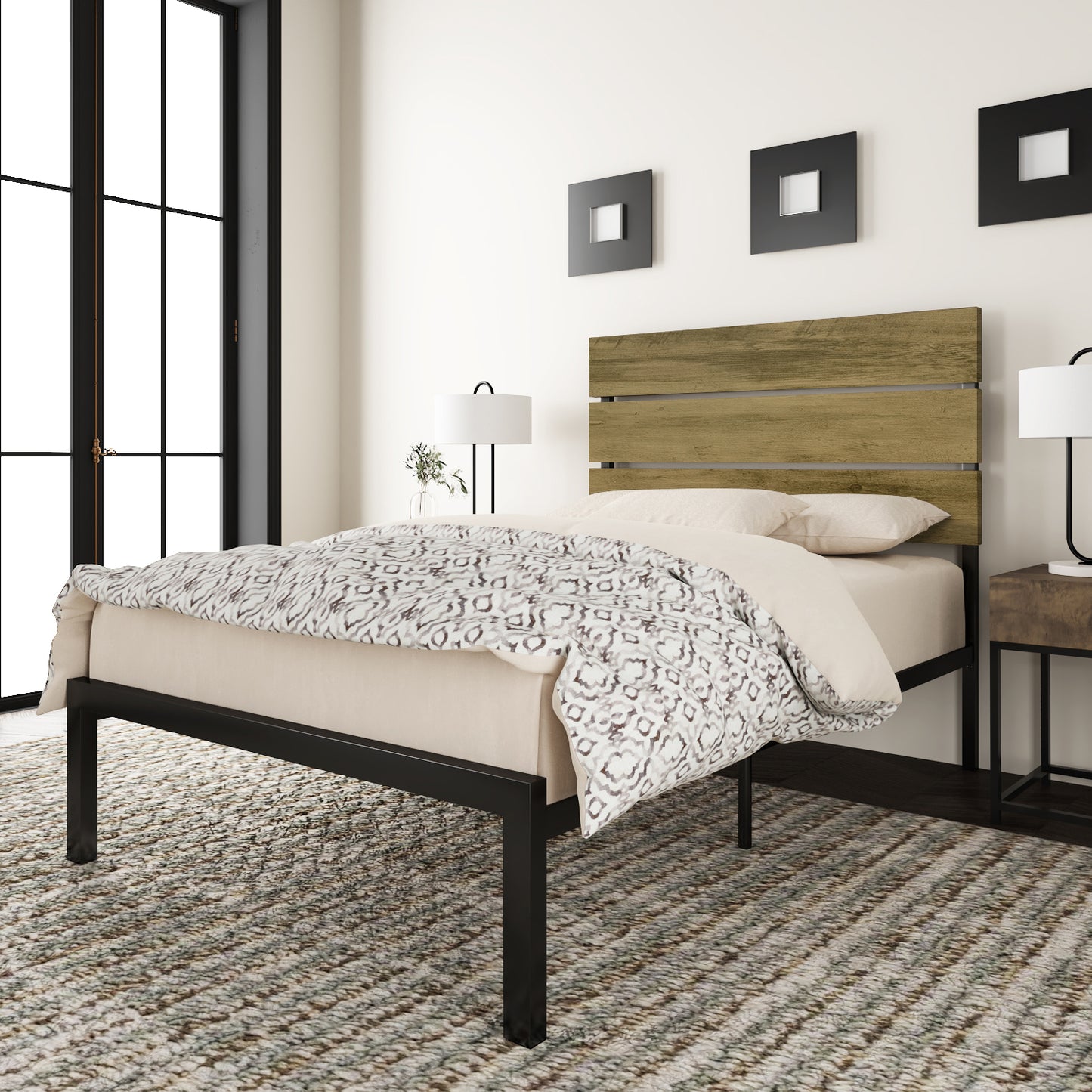 Allewie Rustic Country Style Wooden Headboard Metal Platform Bed with Strong Metal Slats