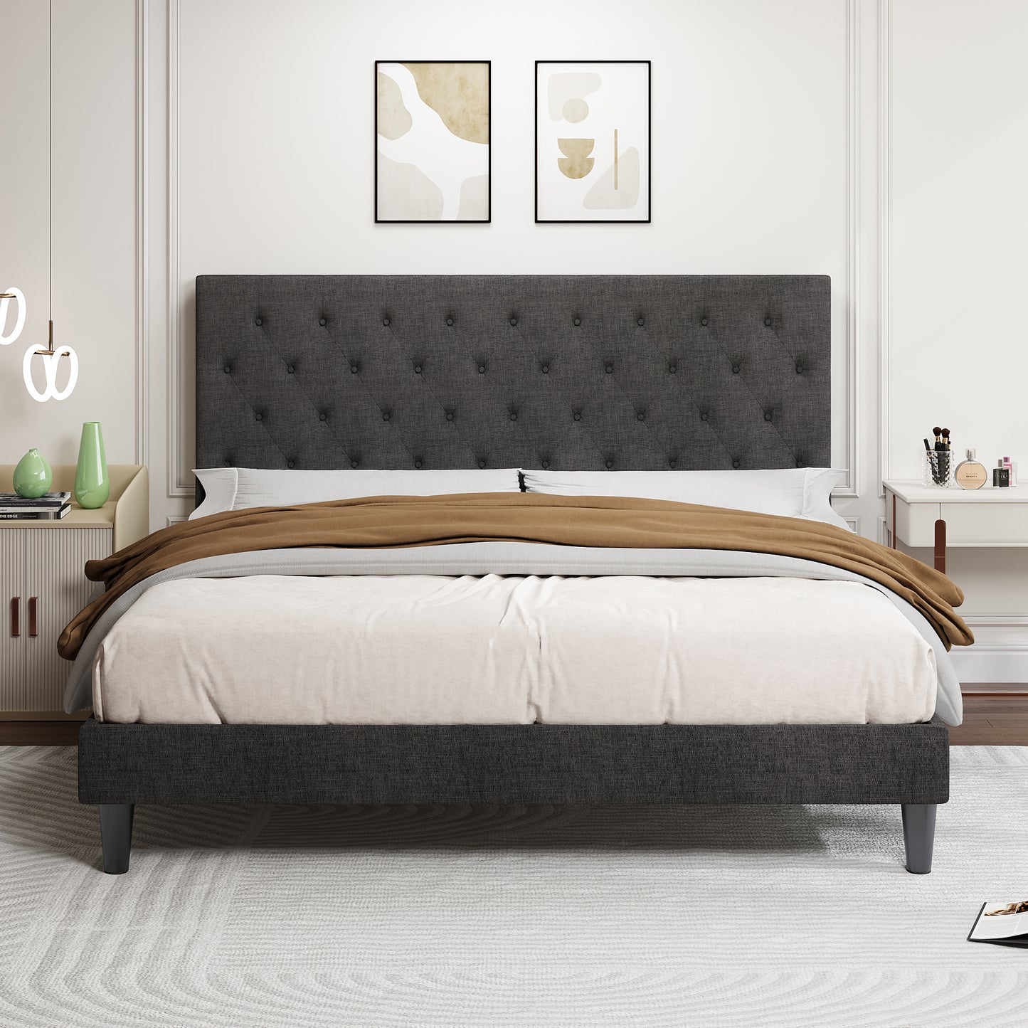 Allewie Faux Leather Upholstered Platform Bed Frame with Adjustable Diamond Stitched Button Tufted Headboard, White