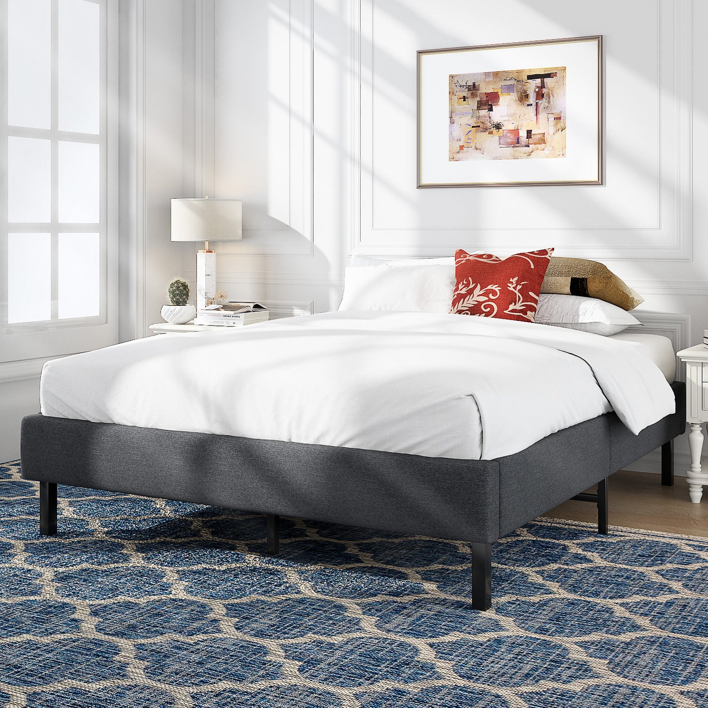 Allewie Upholstered Platform Bed Frame / No Box Spring Needed / Wood Slat Support / Easy Assembly, Mattress Foundation, Grey