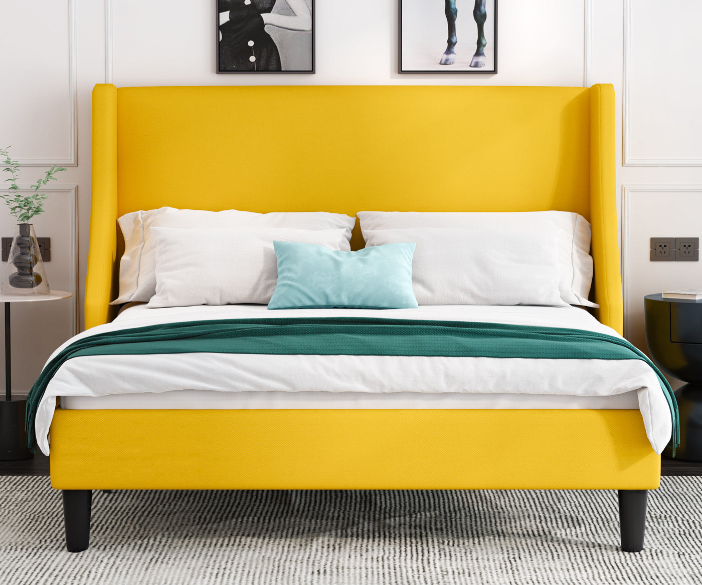 Allewie Queen Size Fabric Upholstered Platform Bed Frame with Wingback Headboard, Light Grey