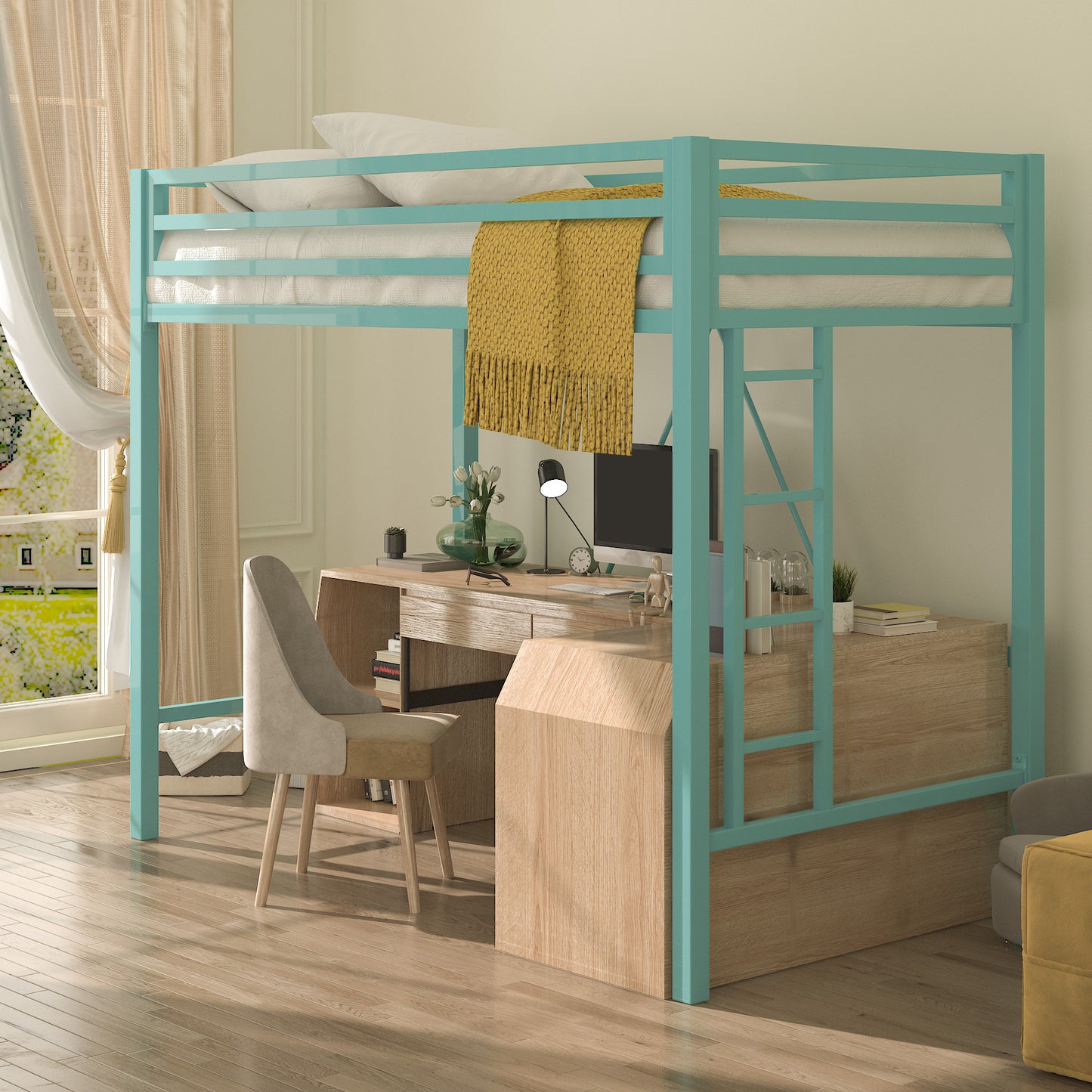 Allewie Heavy Duty Twin Size Loft Bed Frame with Full-Length Guardrail& Removable Stairs, Noise Free