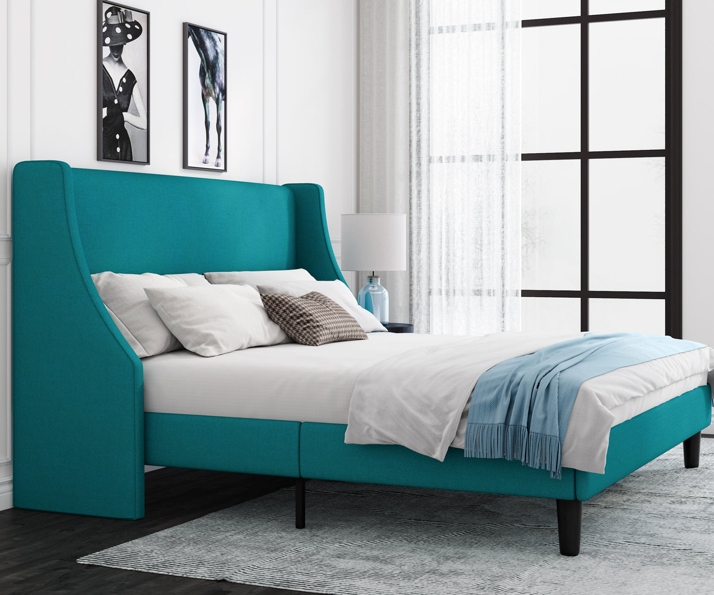 Allewie Queen Size Fabric Upholstered Platform Bed Frame with Wingback Headboard, Light Grey