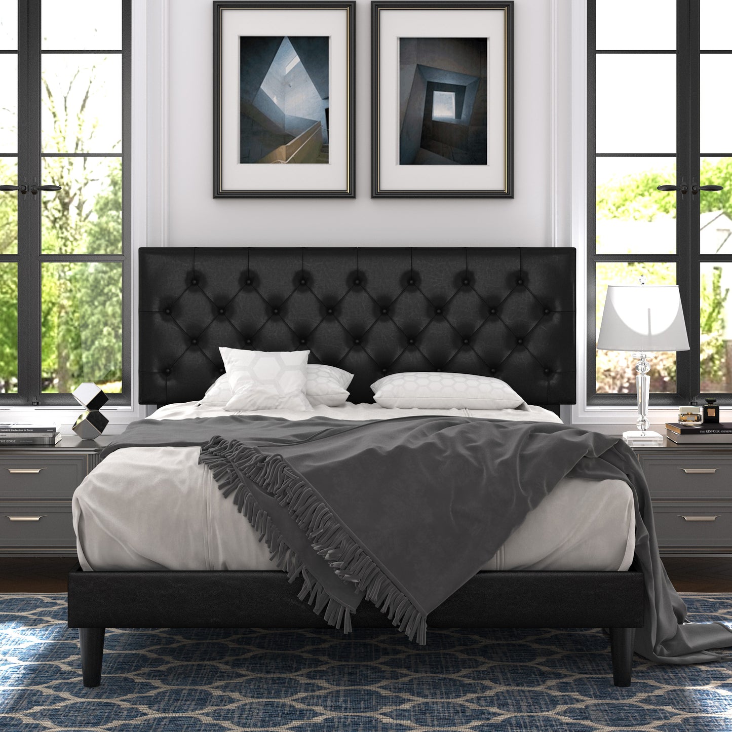 Allewie Faux Leather Upholstered Platform Bed Frame with Adjustable Diamond Stitched Button Tufted Headboard, White