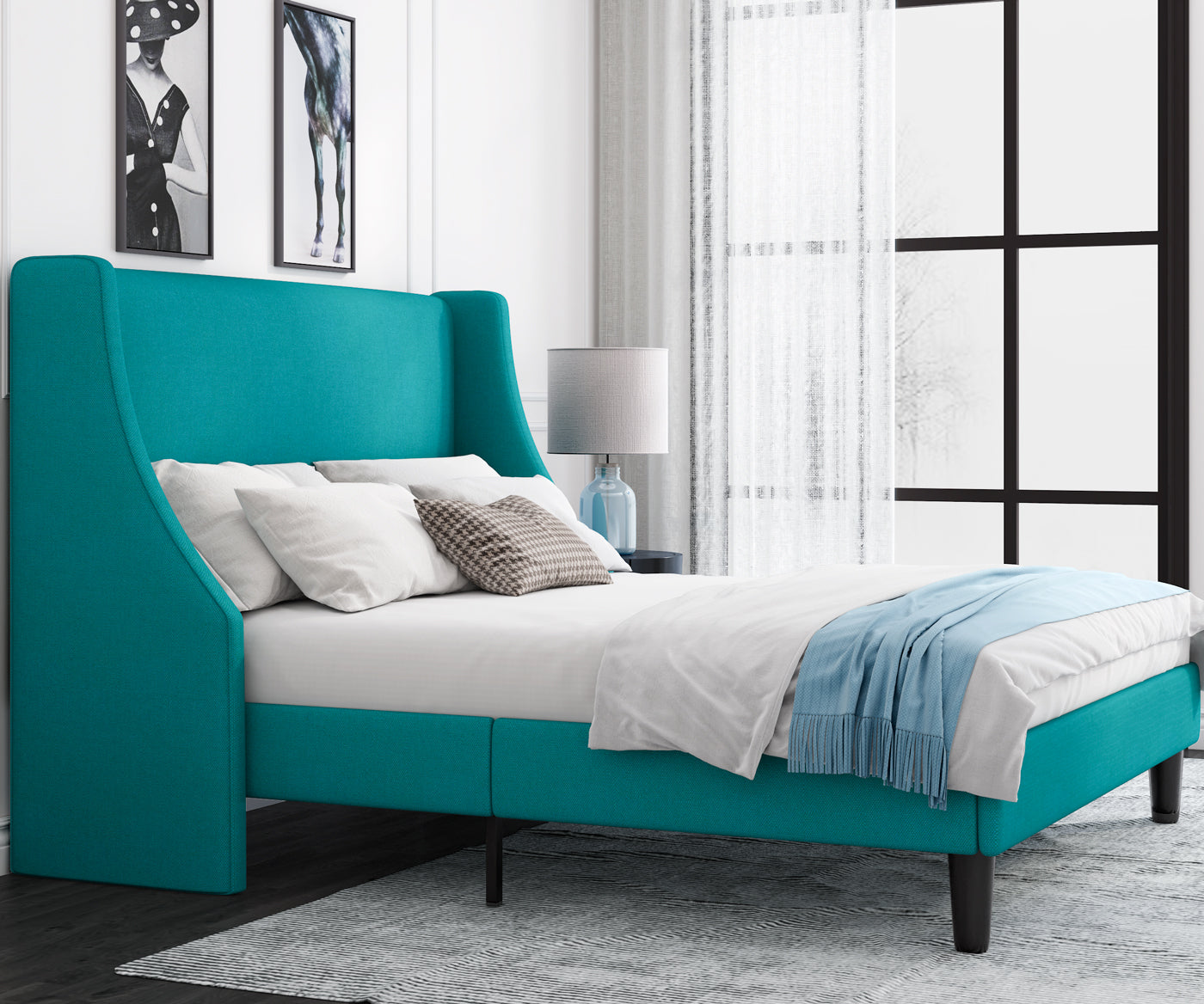 Allewie Queen Size Fabric Upholstered Platform Bed Frame with Wingback Headboard, Light Grey