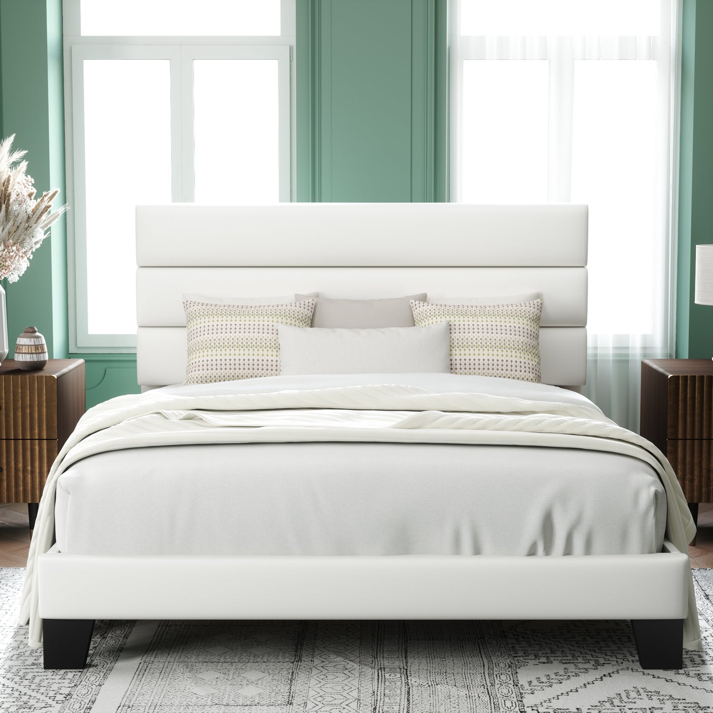 Allewie Platform Bed Frame with Velvet Upholstered Headboard, Easy Assembly, No Box Spring Needed, White