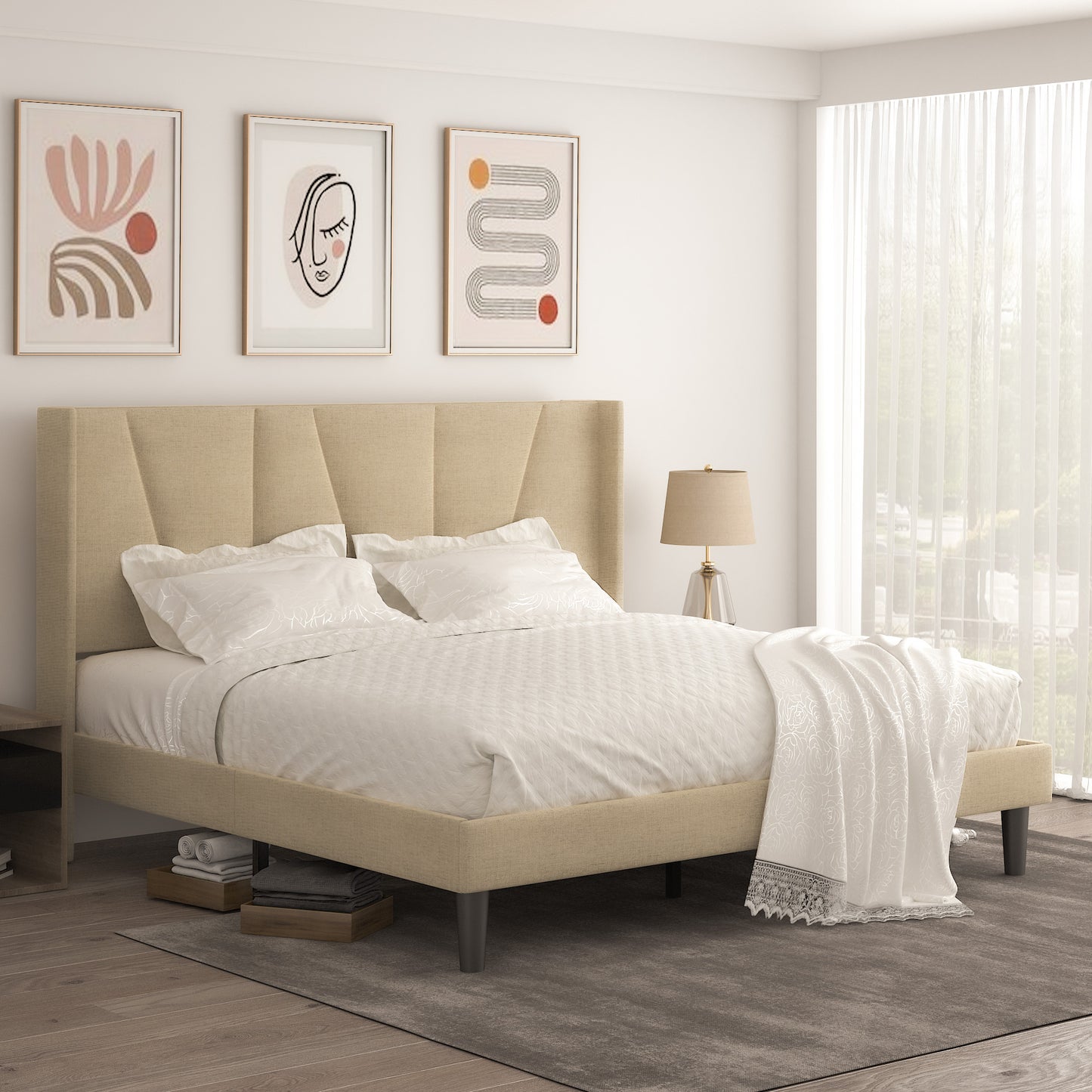 Allewie full Size Modern Platform Bed Frame with Upholstered Geometric Wingback Headboard, Beige