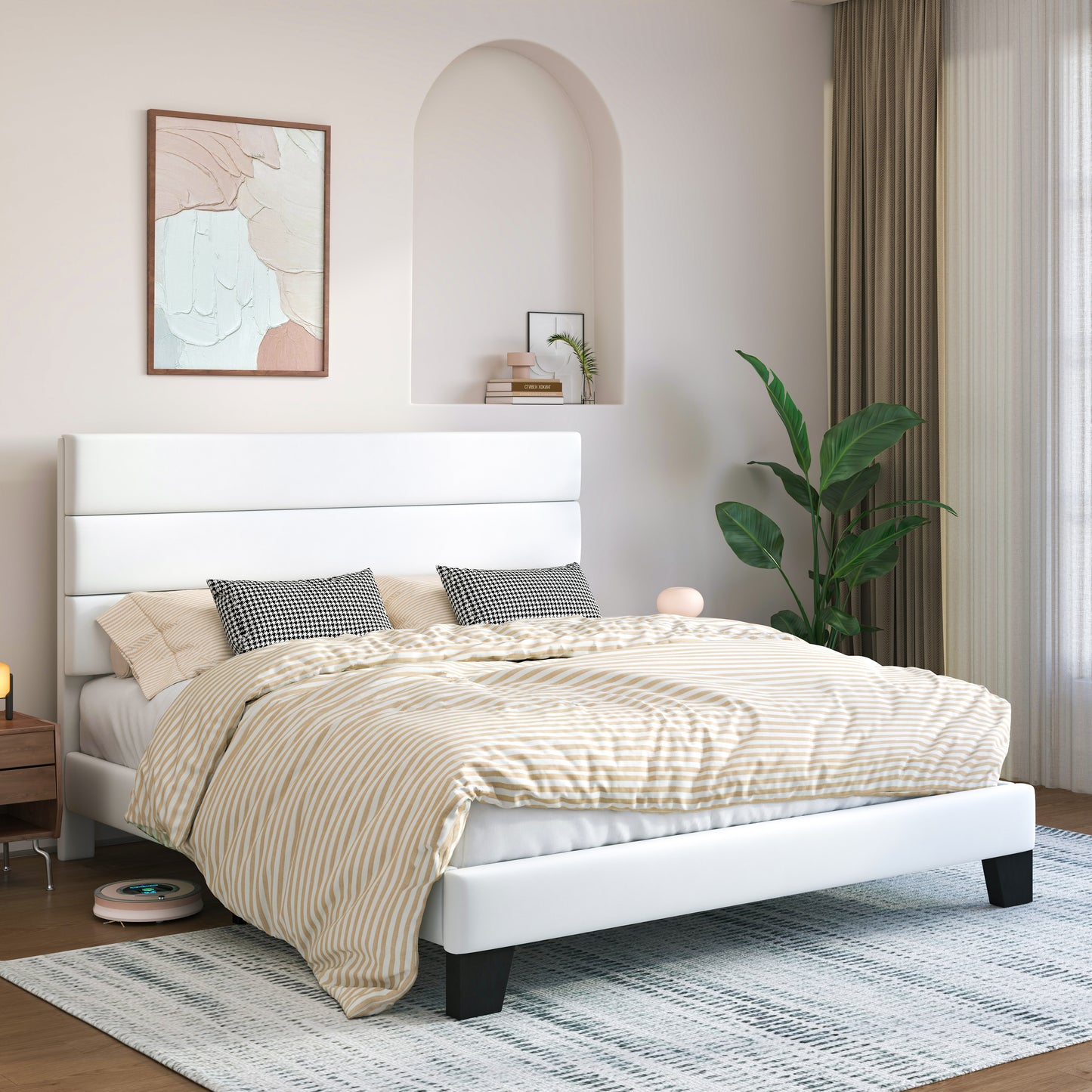 Allewie Platform Bed Frame with Velvet Upholstered Headboard, Easy Assembly, No Box Spring Needed, White