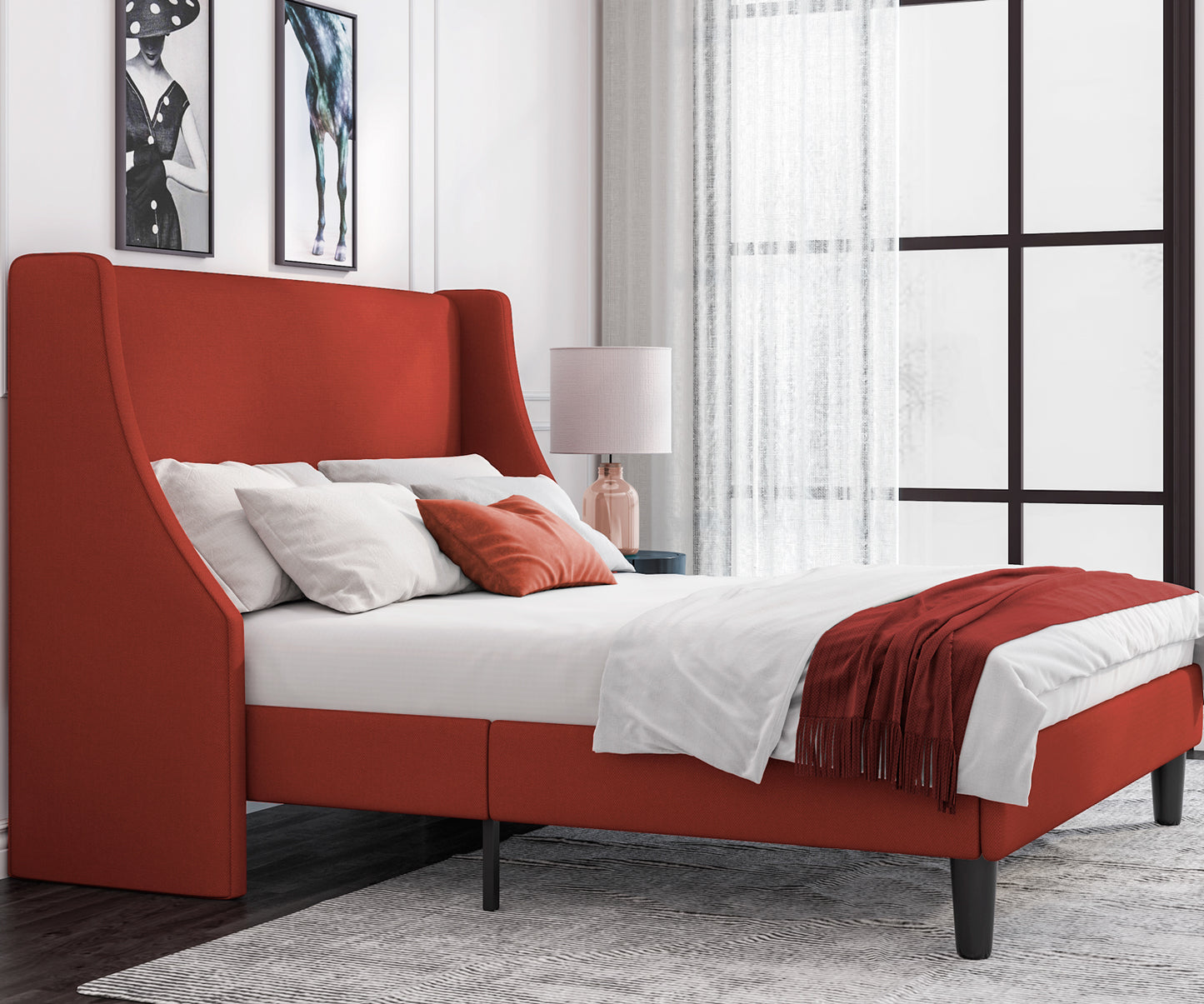 Allewie Queen Size Fabric Upholstered Platform Bed Frame with Wingback Headboard, Light Grey