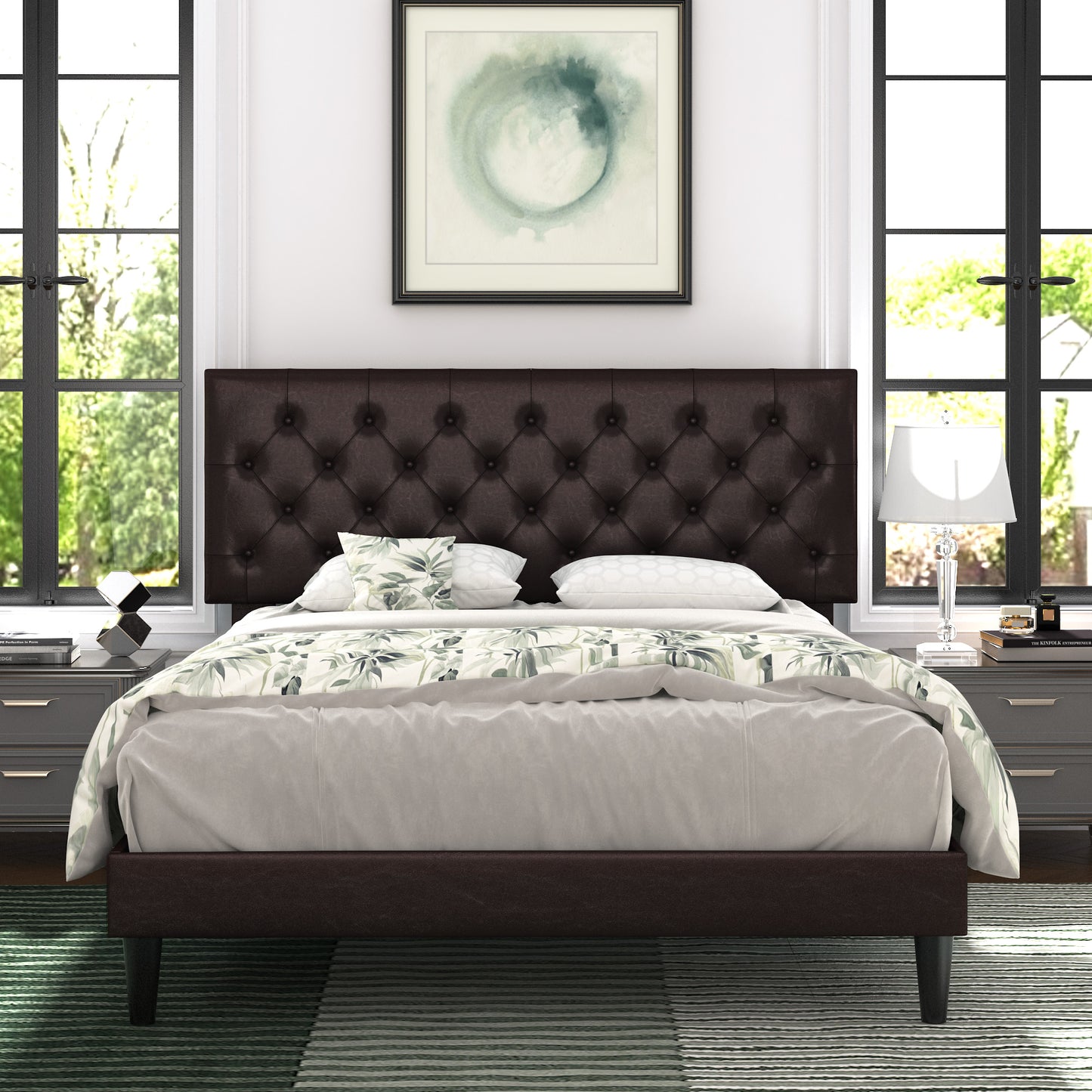 Allewie Faux Leather Upholstered Platform Bed Frame with Adjustable Diamond Stitched Button Tufted Headboard, White
