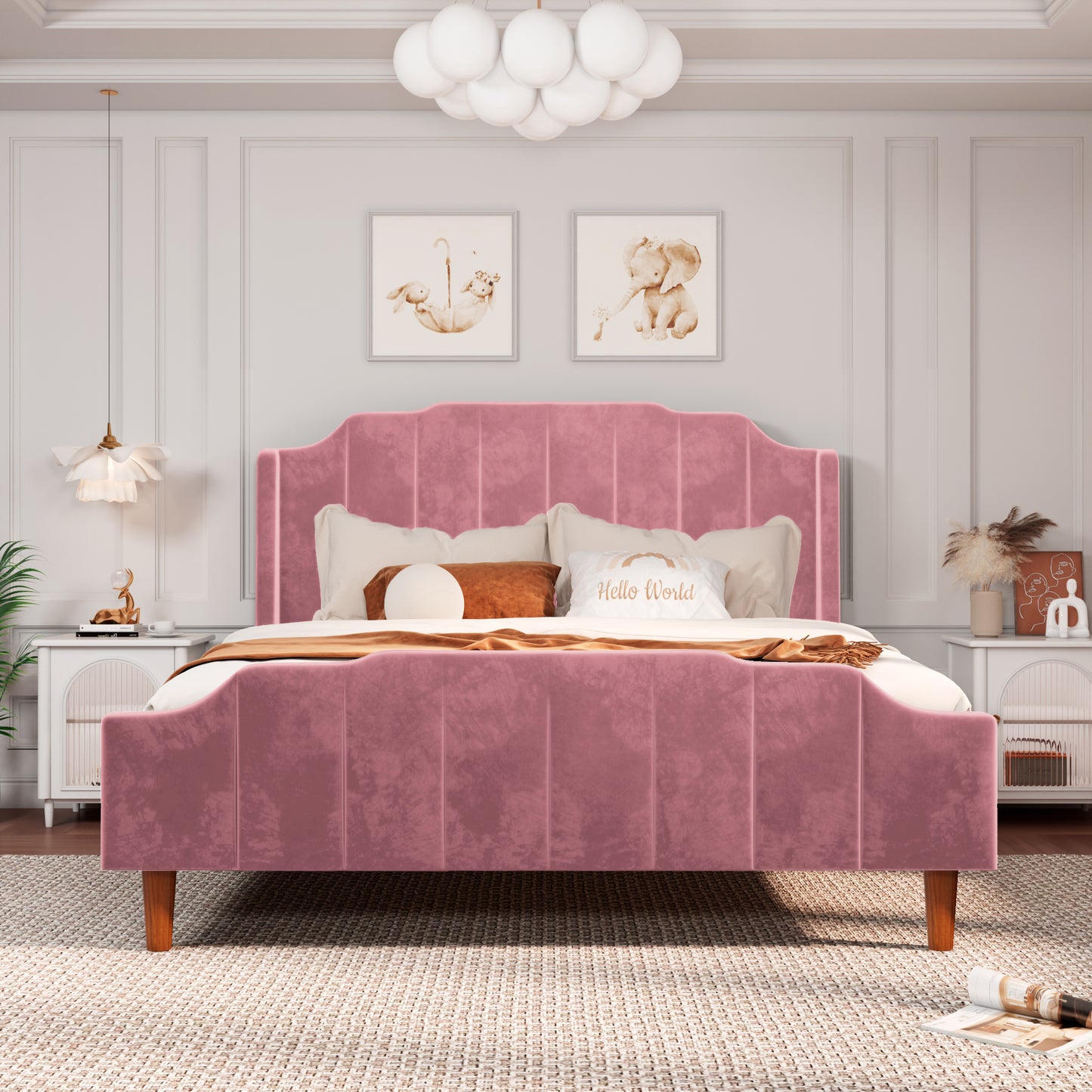 Allewie Queen Size Velvet Platform Bed Frame with Modern Curved Upholstered Headboard and Footboard