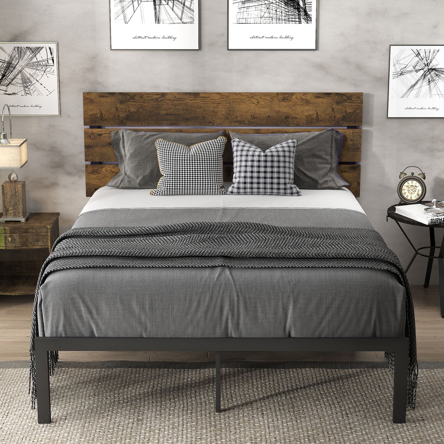 Allewie Rustic Country Style Wooden Headboard Metal Platform Bed with Strong Metal Slats