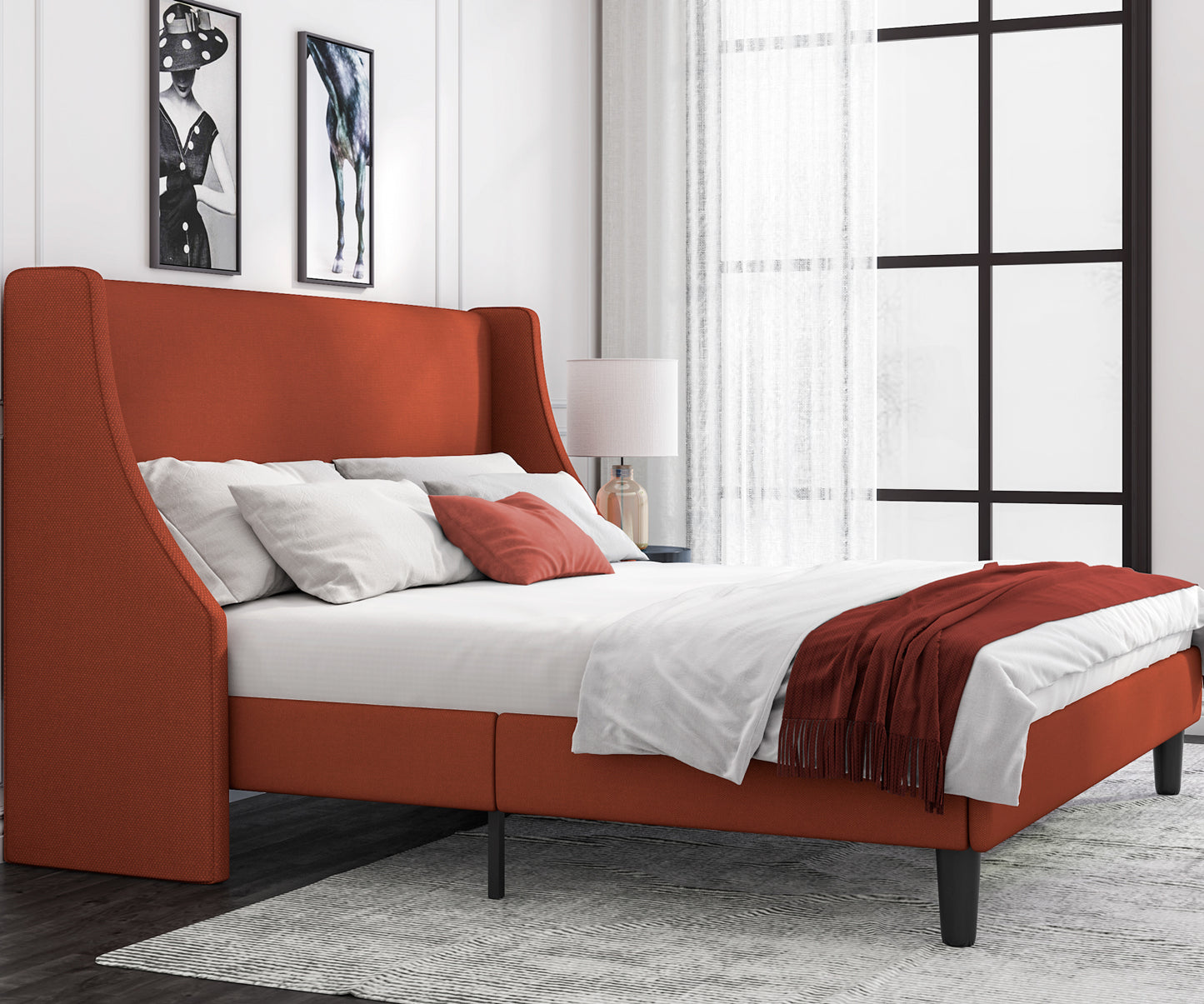 Allewie Queen Size Fabric Upholstered Platform Bed Frame with Wingback Headboard, Light Grey