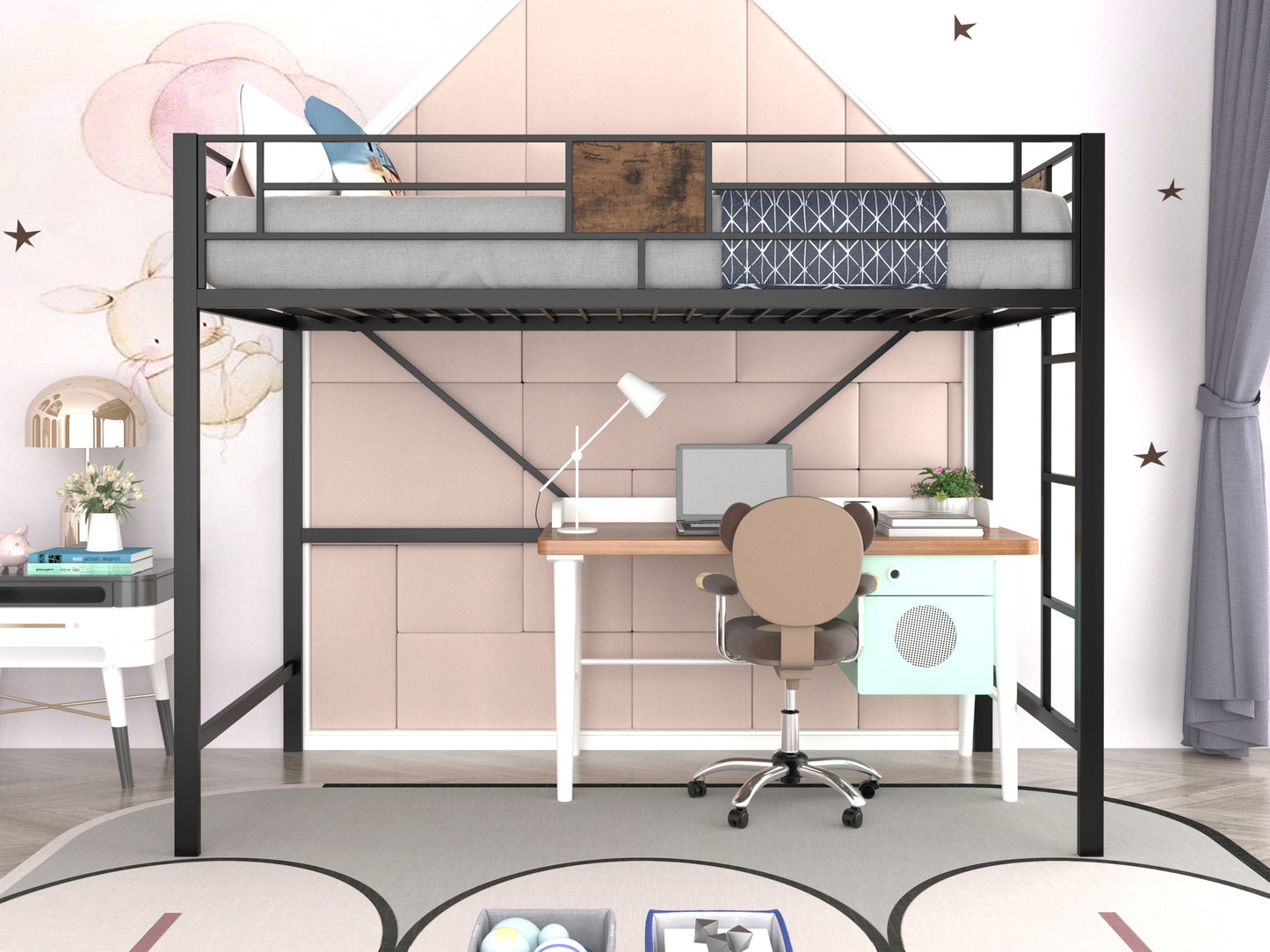Allewie Metal Twin Size Loft Beds Frame with Stairs & Full-Length Guardrail, Space-Saving, Black