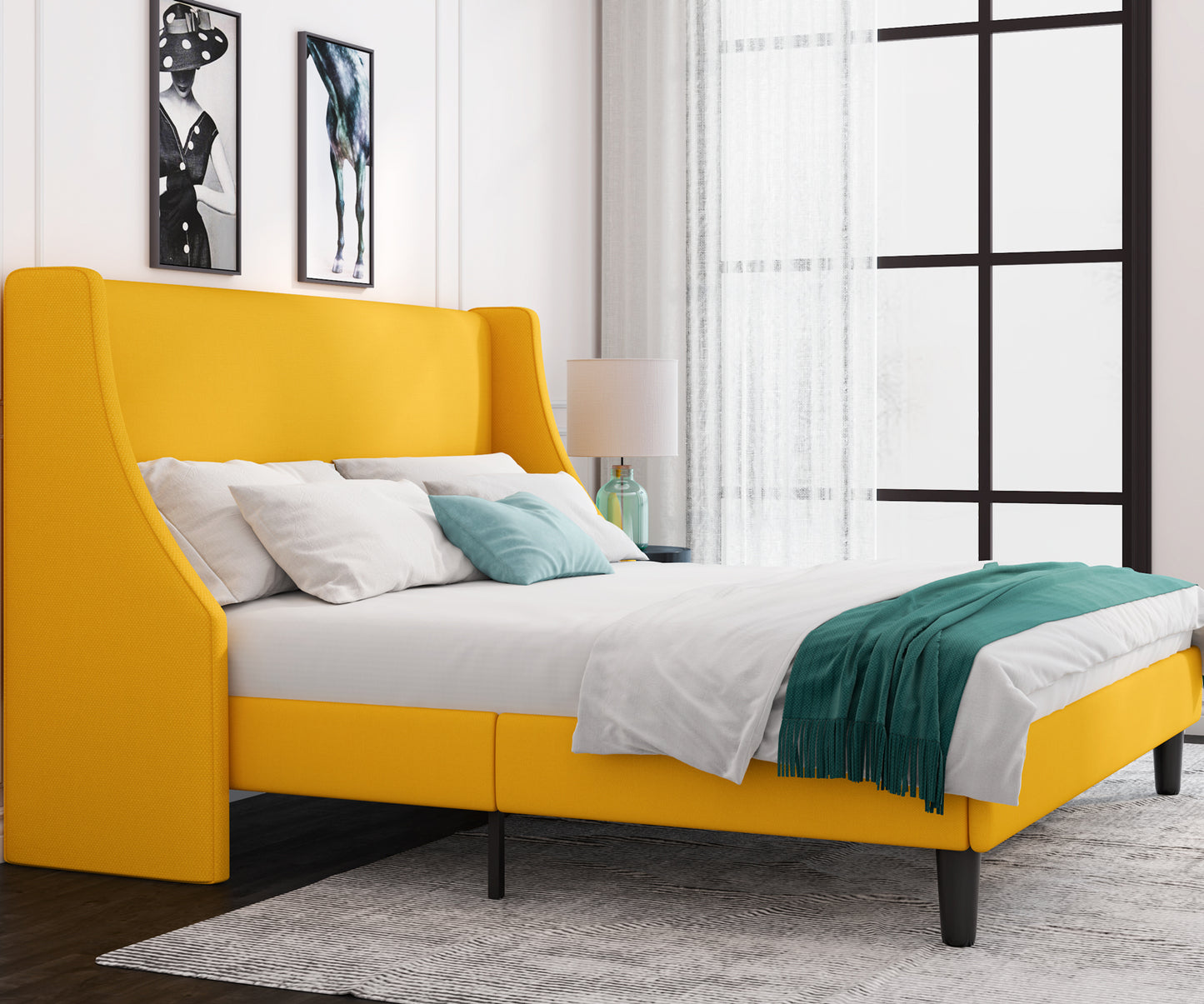 Allewie Queen Size Fabric Upholstered Platform Bed Frame with Wingback Headboard, Light Grey