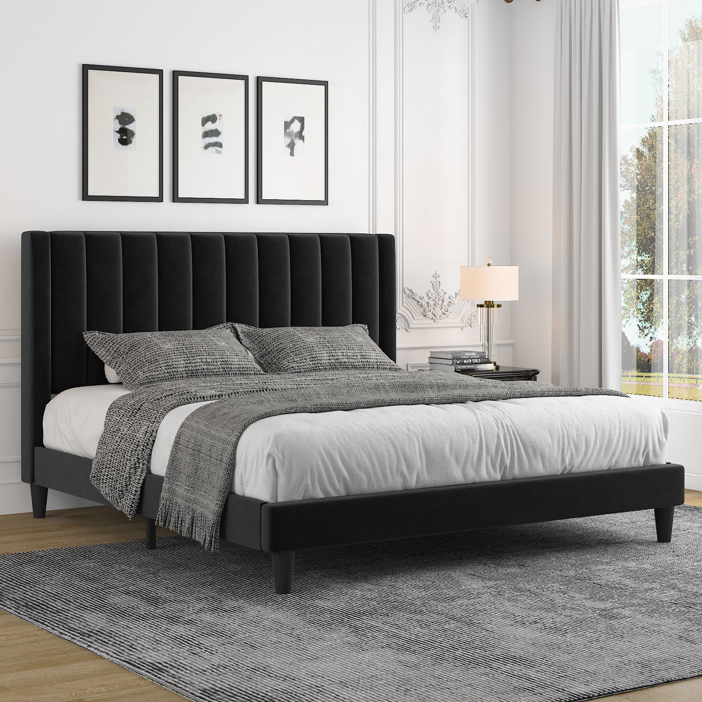 Allewie Velvet Upholstered Bed Frame with Vertical Channel Tufted Headboard, Black