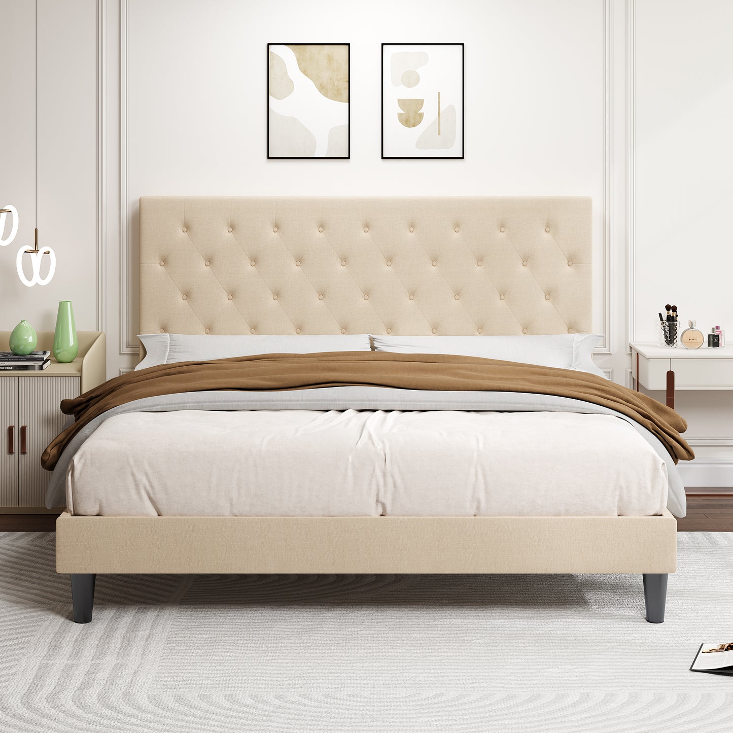 Allewie Faux Leather Upholstered Platform Bed Frame with Adjustable Diamond Stitched Button Tufted Headboard, White