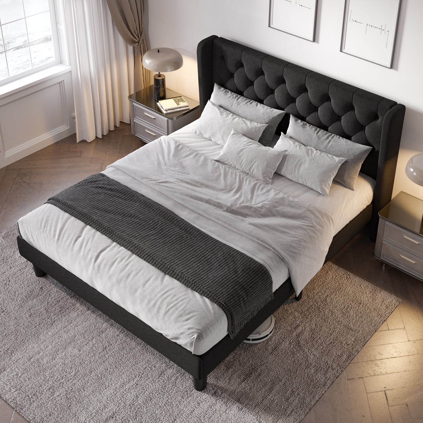 Allewie Bed Frame with Button Tufted Upholstered Wingback Headboard
