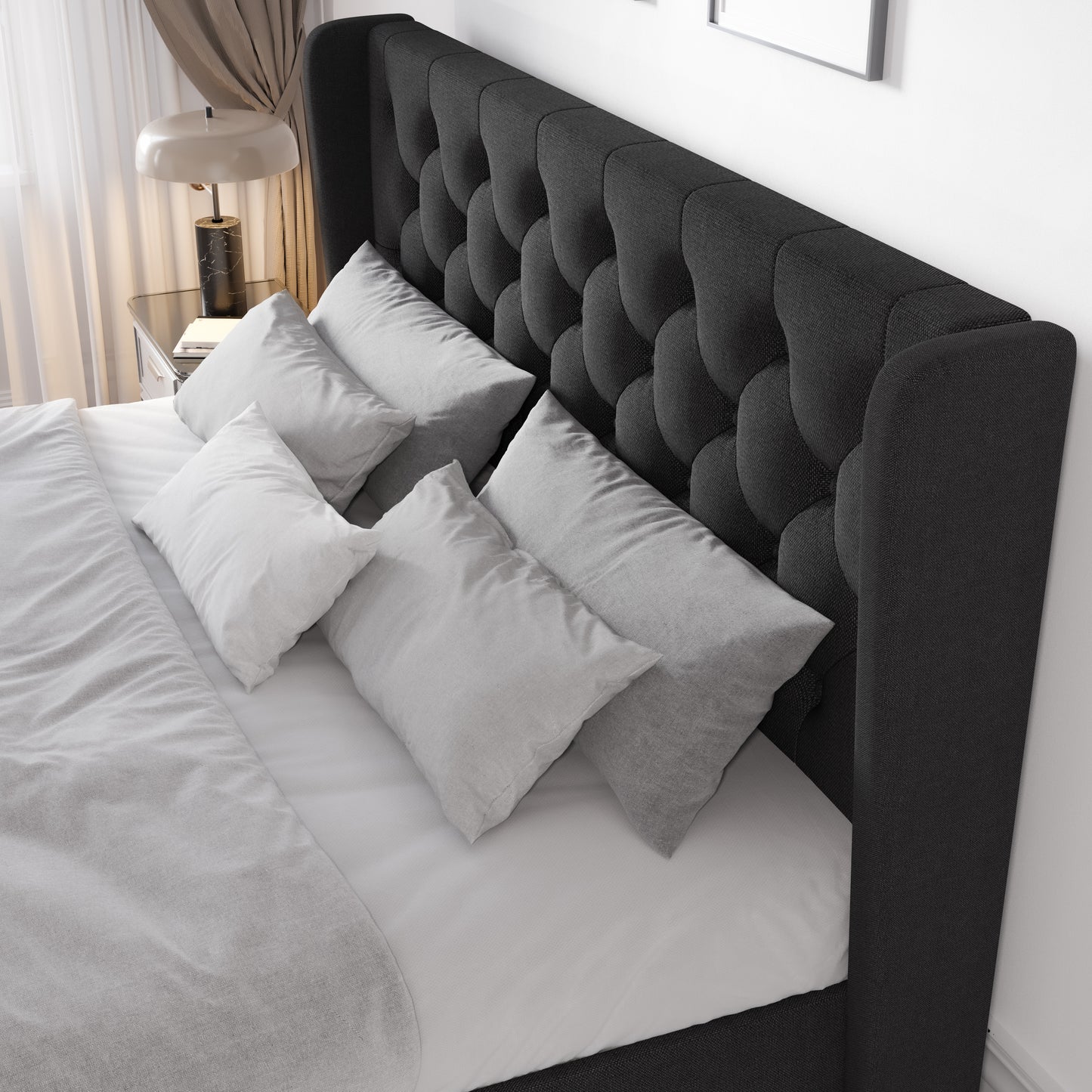 Allewie Bed Frame with Button Tufted Upholstered Wingback Headboard