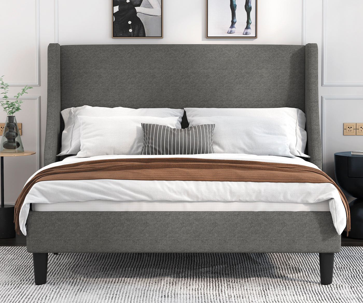 Allewie Queen Size Fabric Upholstered Platform Bed Frame with Wingback Headboard, Light Grey