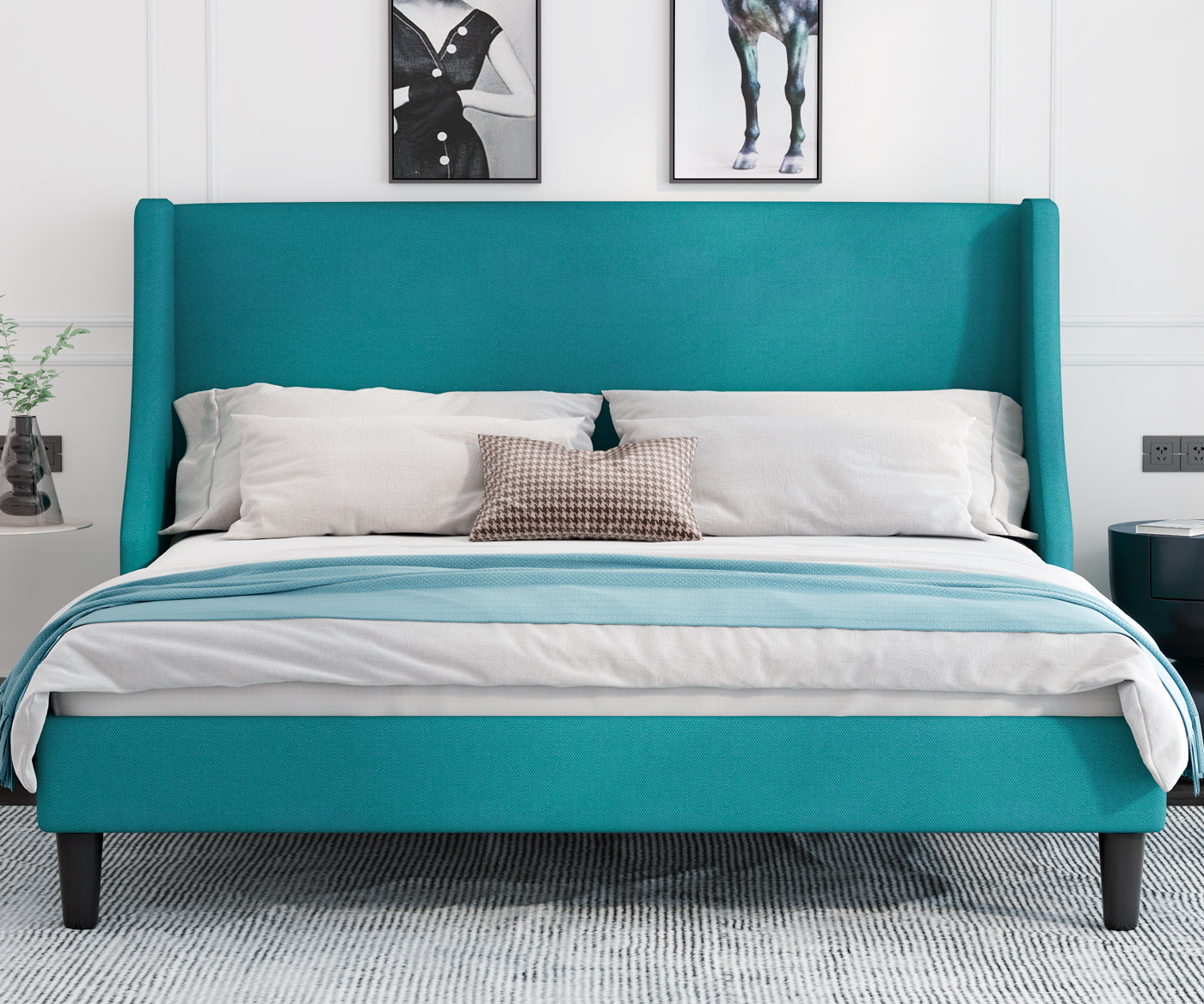 Allewie Queen Size Fabric Upholstered Platform Bed Frame with Wingback Headboard, Light Grey