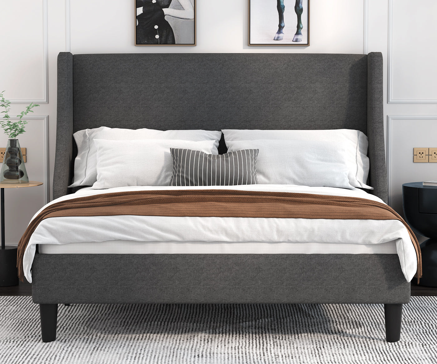 Allewie Queen Size Fabric Upholstered Platform Bed Frame with Wingback Headboard, Light Grey