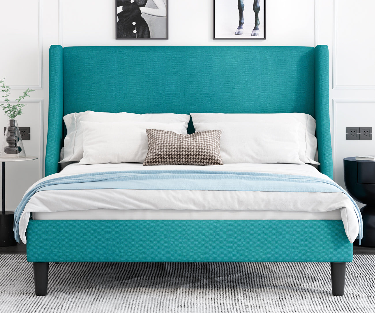 Allewie Queen Size Fabric Upholstered Platform Bed Frame with Wingback Headboard, Light Grey