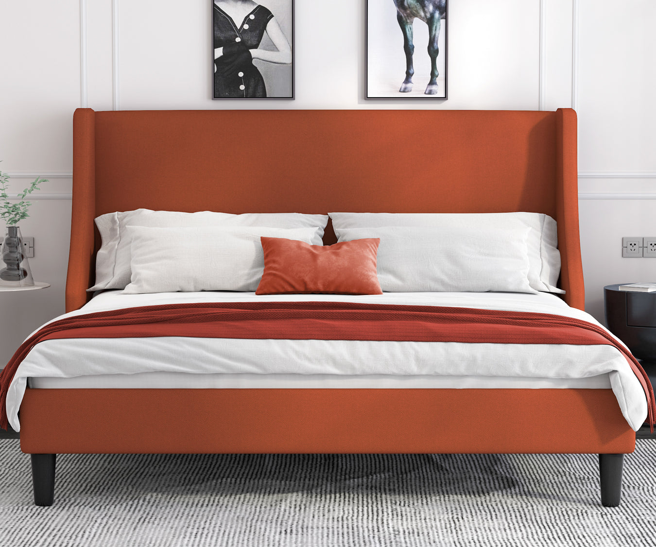 Allewie Queen Size Fabric Upholstered Platform Bed Frame with Wingback Headboard, Light Grey