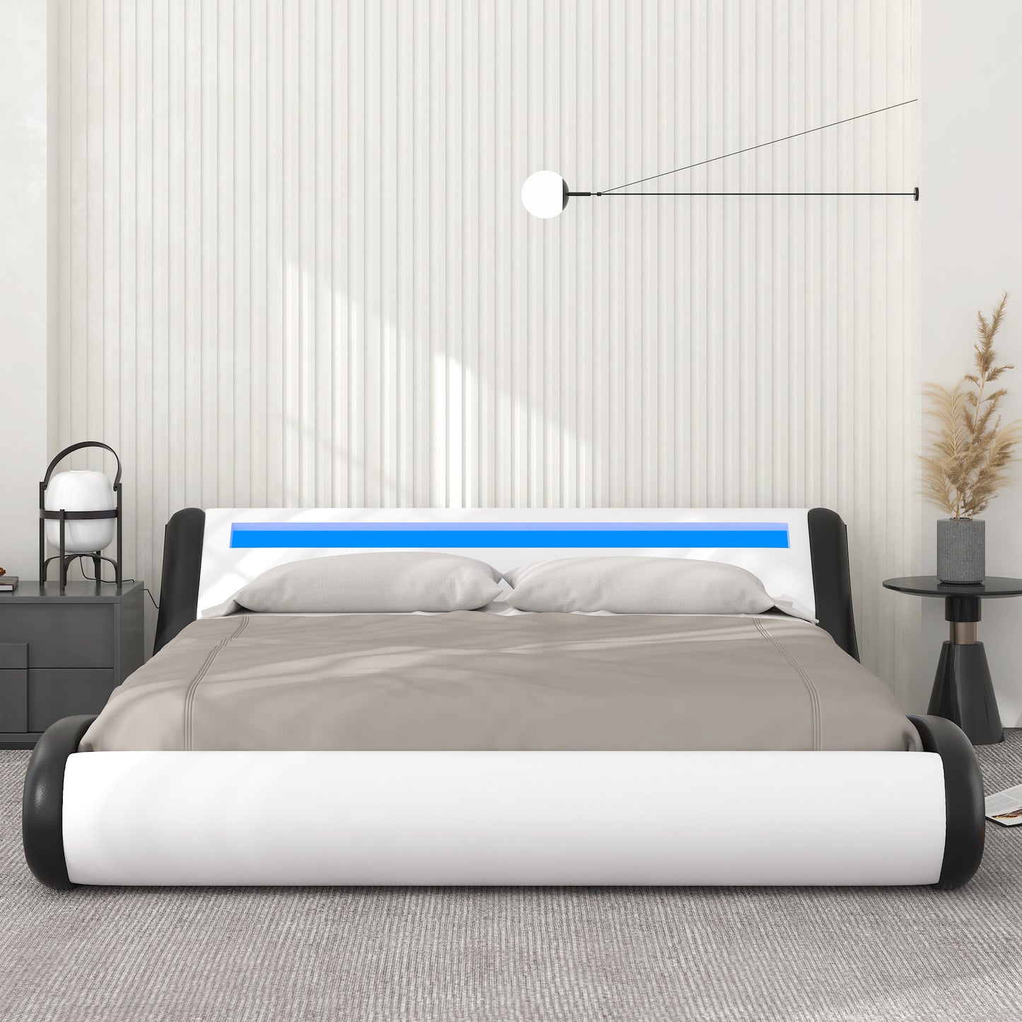 Allewie Full Size Wave-Like Curve Deluxe Upholstered Modern Bed Frame with LED Headboard