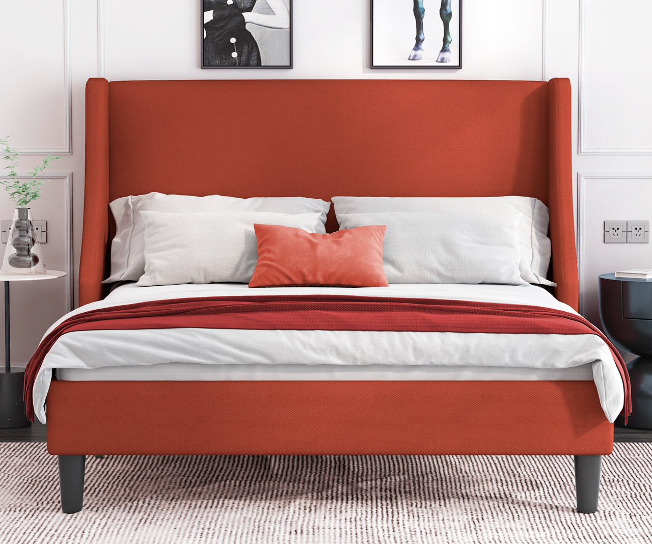 Allewie Queen Size Fabric Upholstered Platform Bed Frame with Wingback Headboard, Light Grey