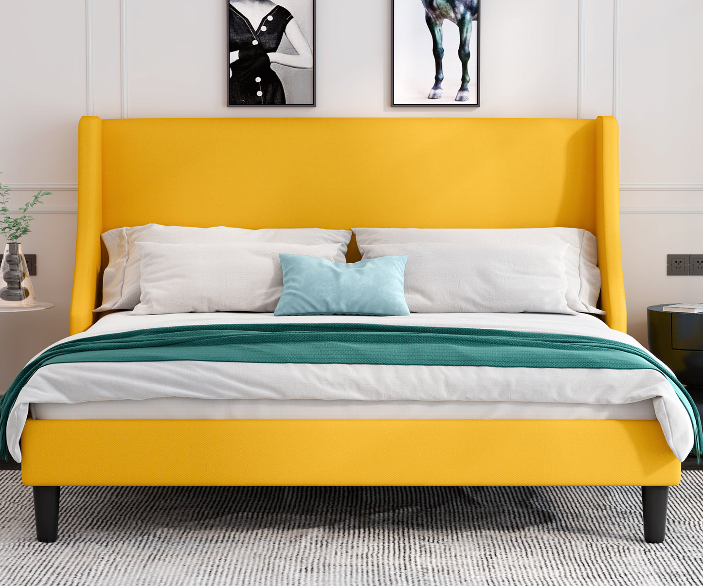 Allewie Queen Size Fabric Upholstered Platform Bed Frame with Wingback Headboard, Light Grey