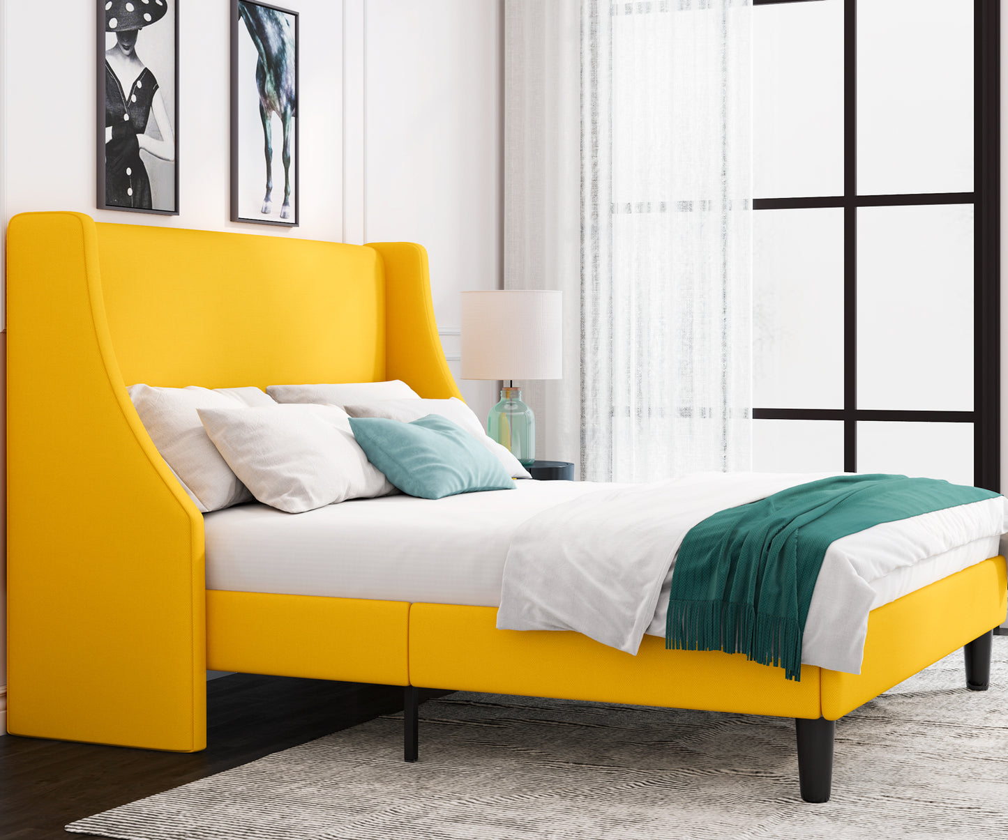Allewie Queen Size Fabric Upholstered Platform Bed Frame with Wingback Headboard, Light Grey