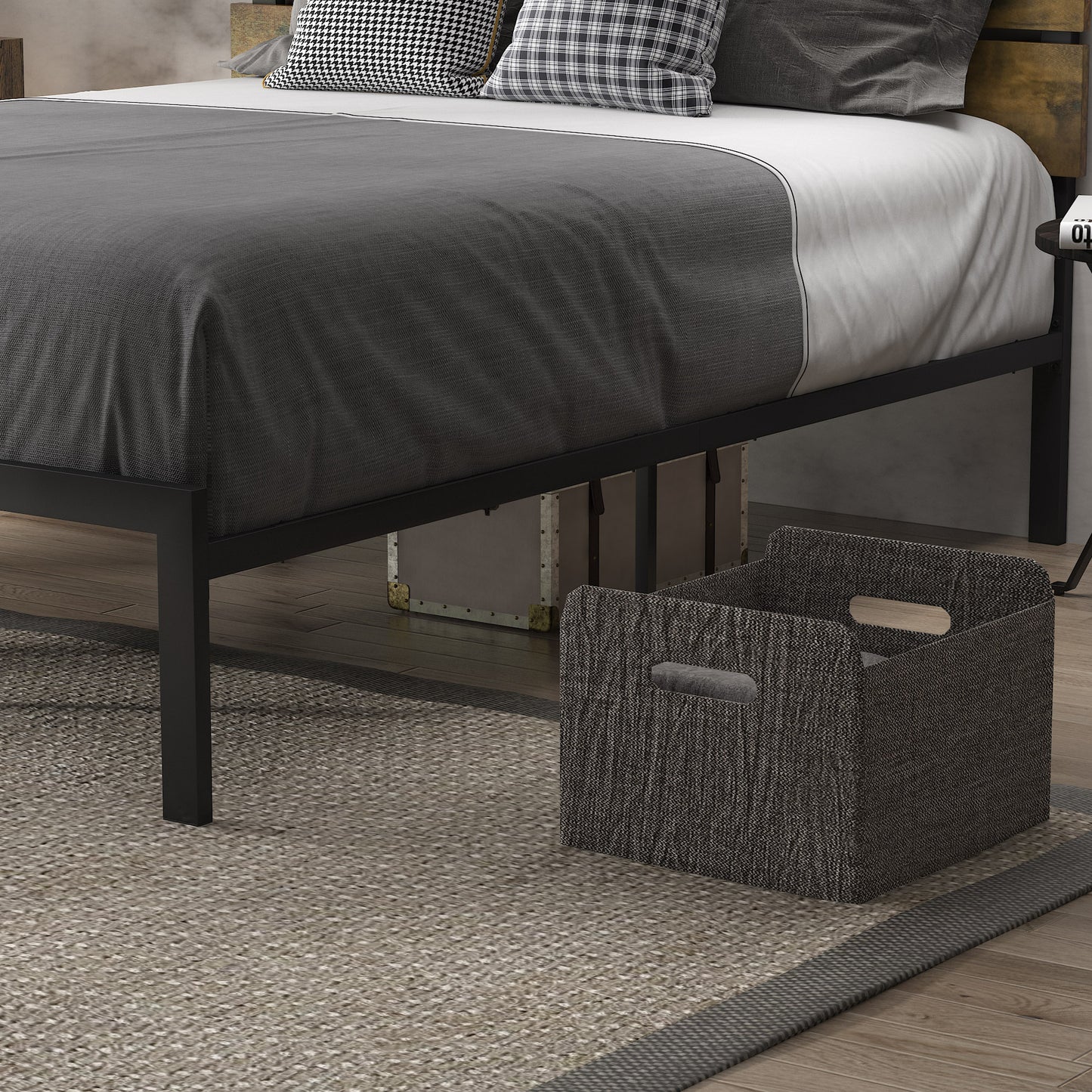 Allewie Rustic Country Style Wooden Headboard Metal Platform Bed with Strong Metal Slats