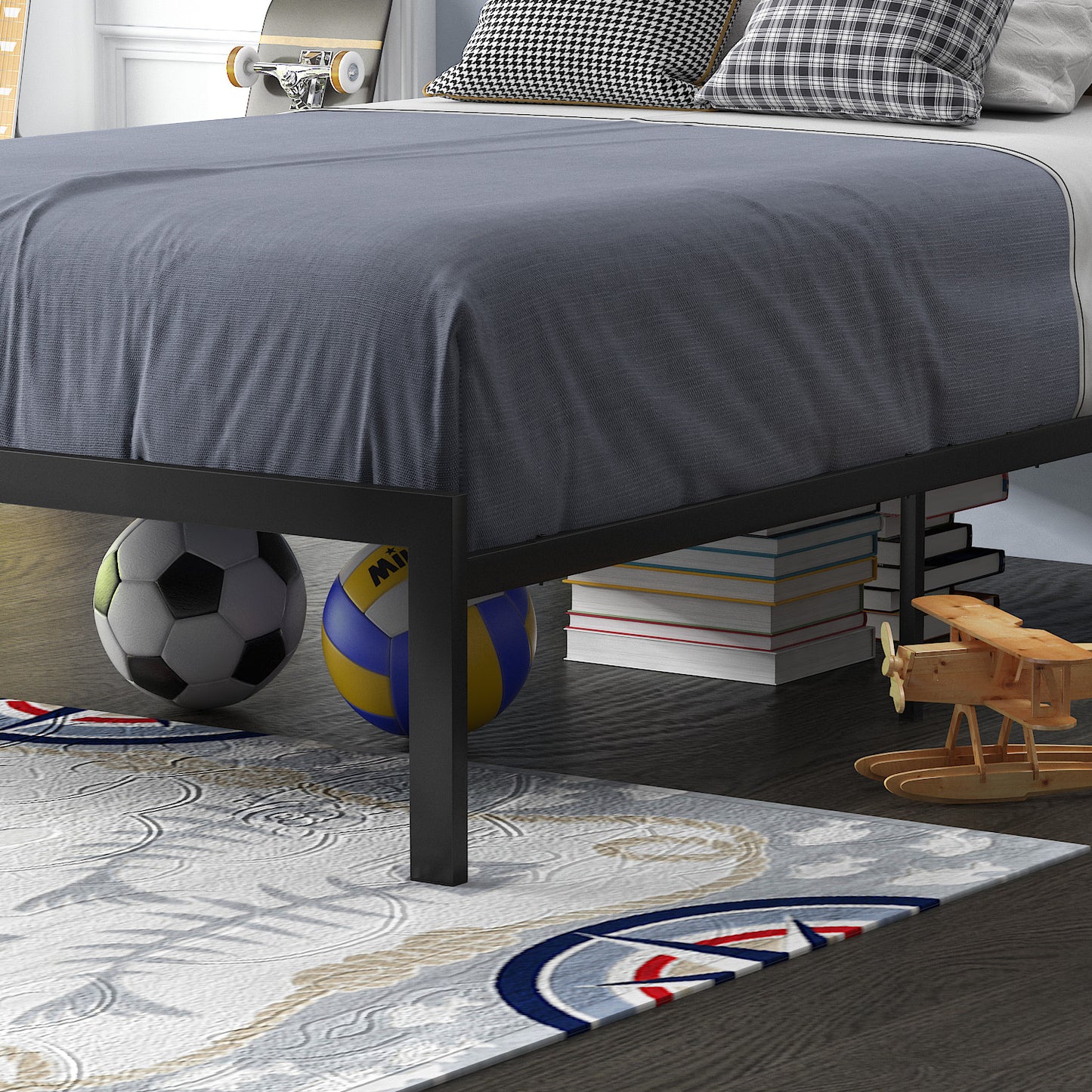 Allewie Rustic Country Style Wooden Headboard Metal Platform Bed with Strong Metal Slats