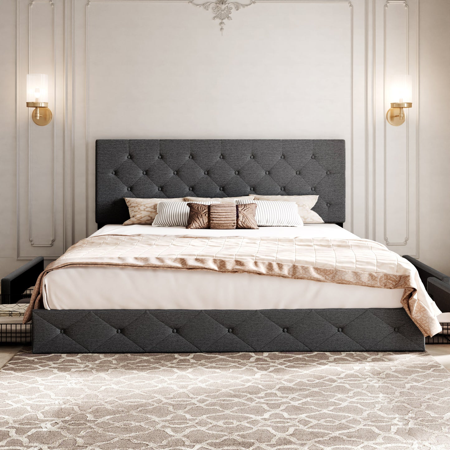 Allewie Queen Platform Bed Frame with 4 Drawers Storage and Headboard, Diamond Stitched Button Tufted Upholstered Mattress Foundation with Wood Slat Support, Dark Grey