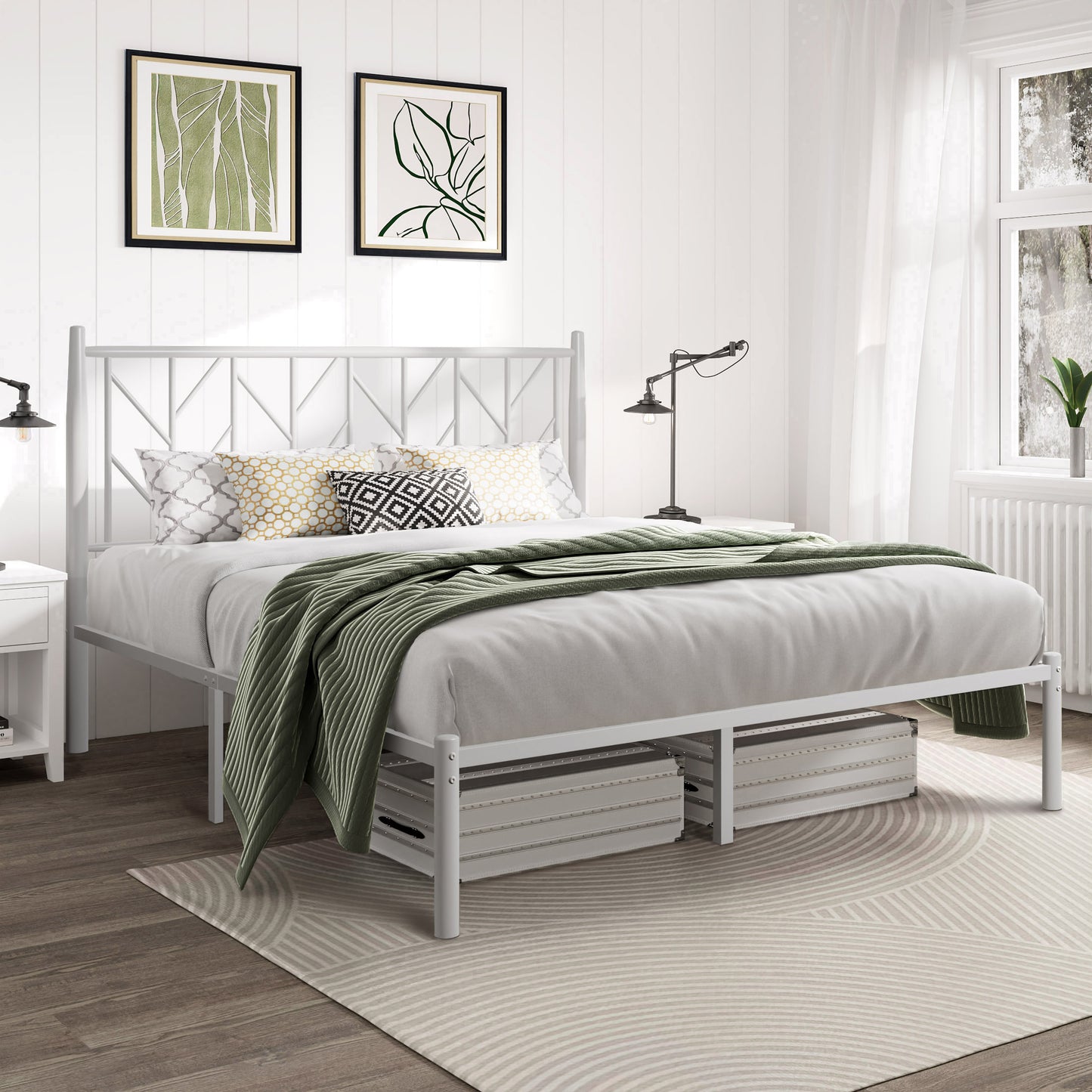 Allewie Gold Modern Platform Bed Frame with Vintage Headboard, 12'' Under-bed Storage