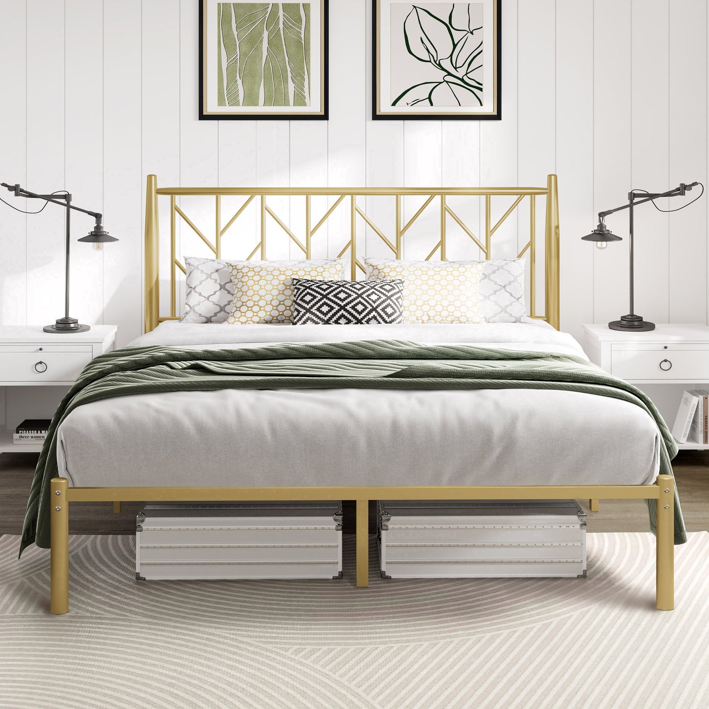 Allewie Gold Modern Platform Bed Frame with Vintage Headboard, 12'' Under-bed Storage