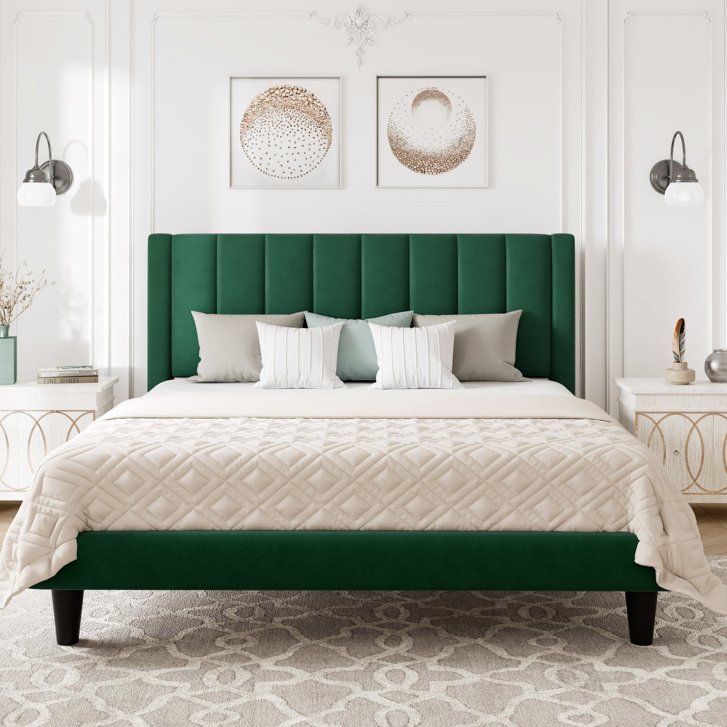 Allewie Full Size Velvet Upholstered Bed Frame with Vertical Channel Tufted Headboard, Green