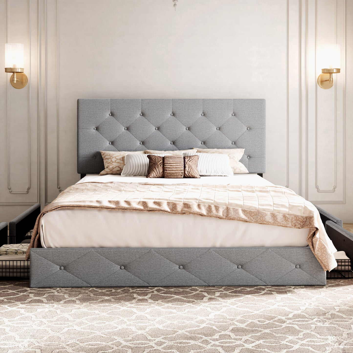 Allewie Queen Platform Bed Frame with 4 Drawers Storage and Headboard, Diamond Stitched Button Tufted Upholstered Mattress Foundation with Wood Slat Support, Dark Grey
