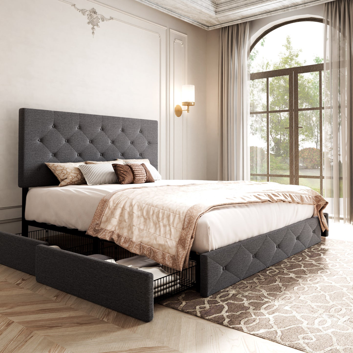 Allewie Queen Platform Bed Frame with 4 Drawers Storage and Headboard, Diamond Stitched Button Tufted Upholstered Mattress Foundation with Wood Slat Support, Dark Grey