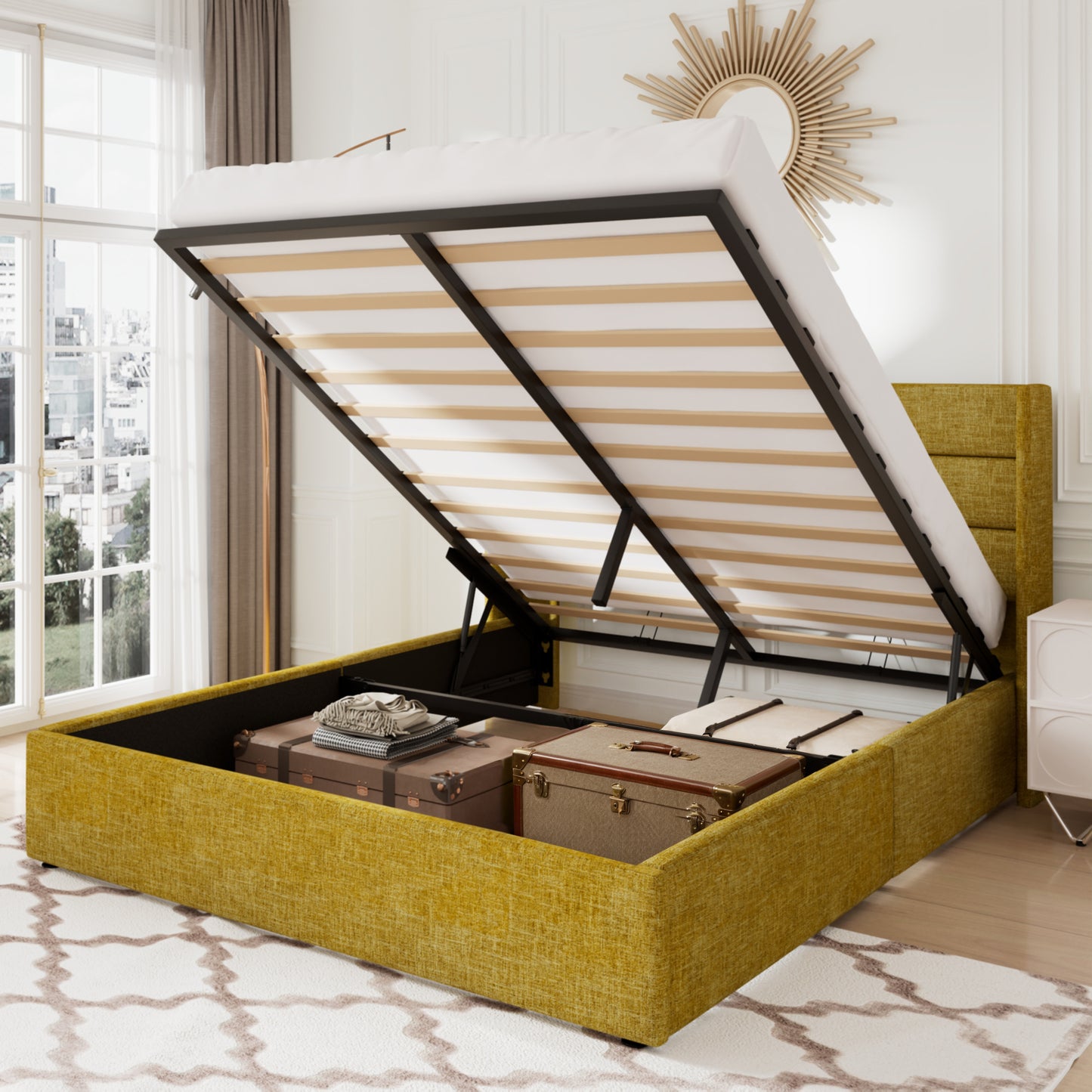 Allewie Lift Up Storage Upholstered Bed with Pannel Wingback Headboard