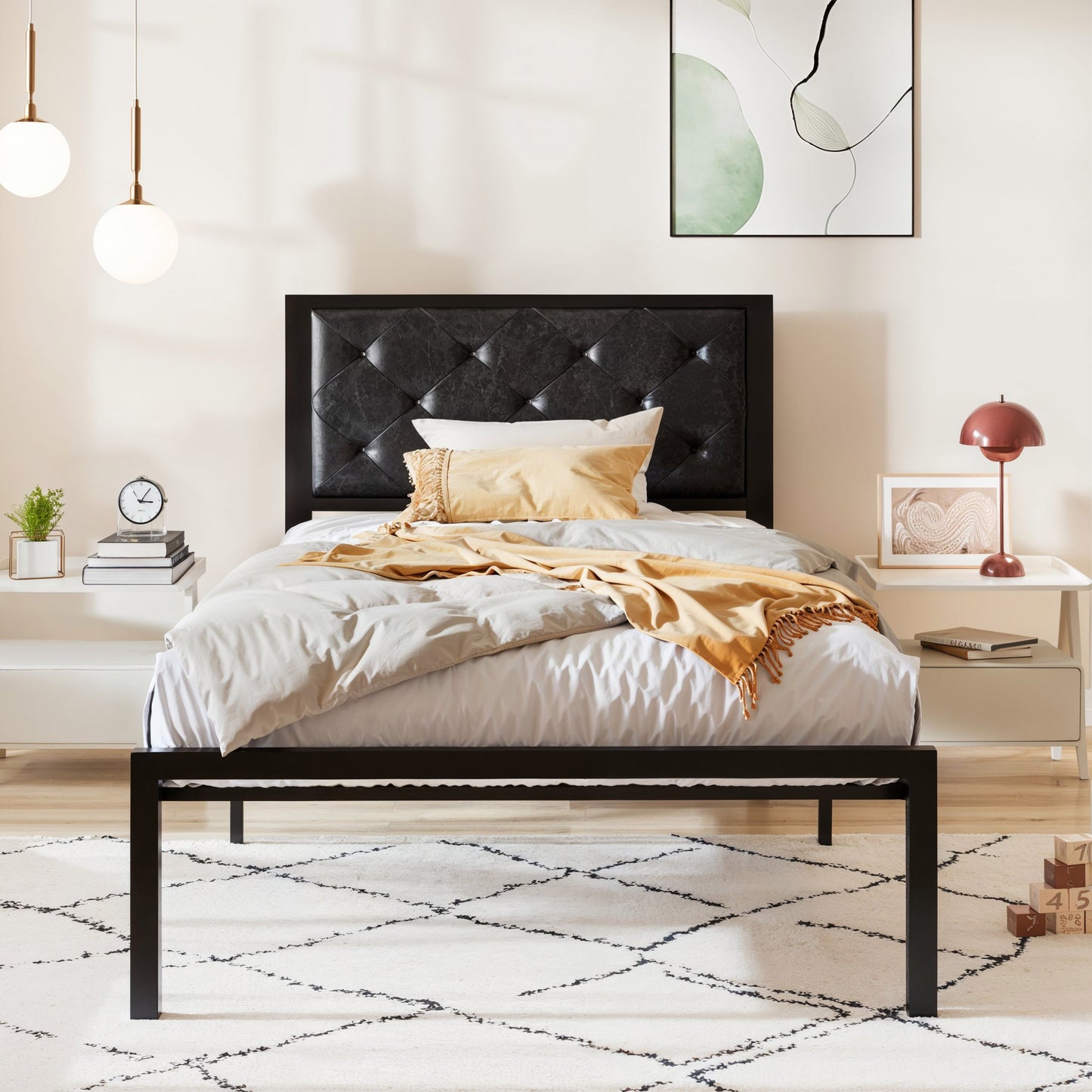 Allewie Metal Platform Bed Frame with Tufted Diamond Stitched Fabric Headboard
