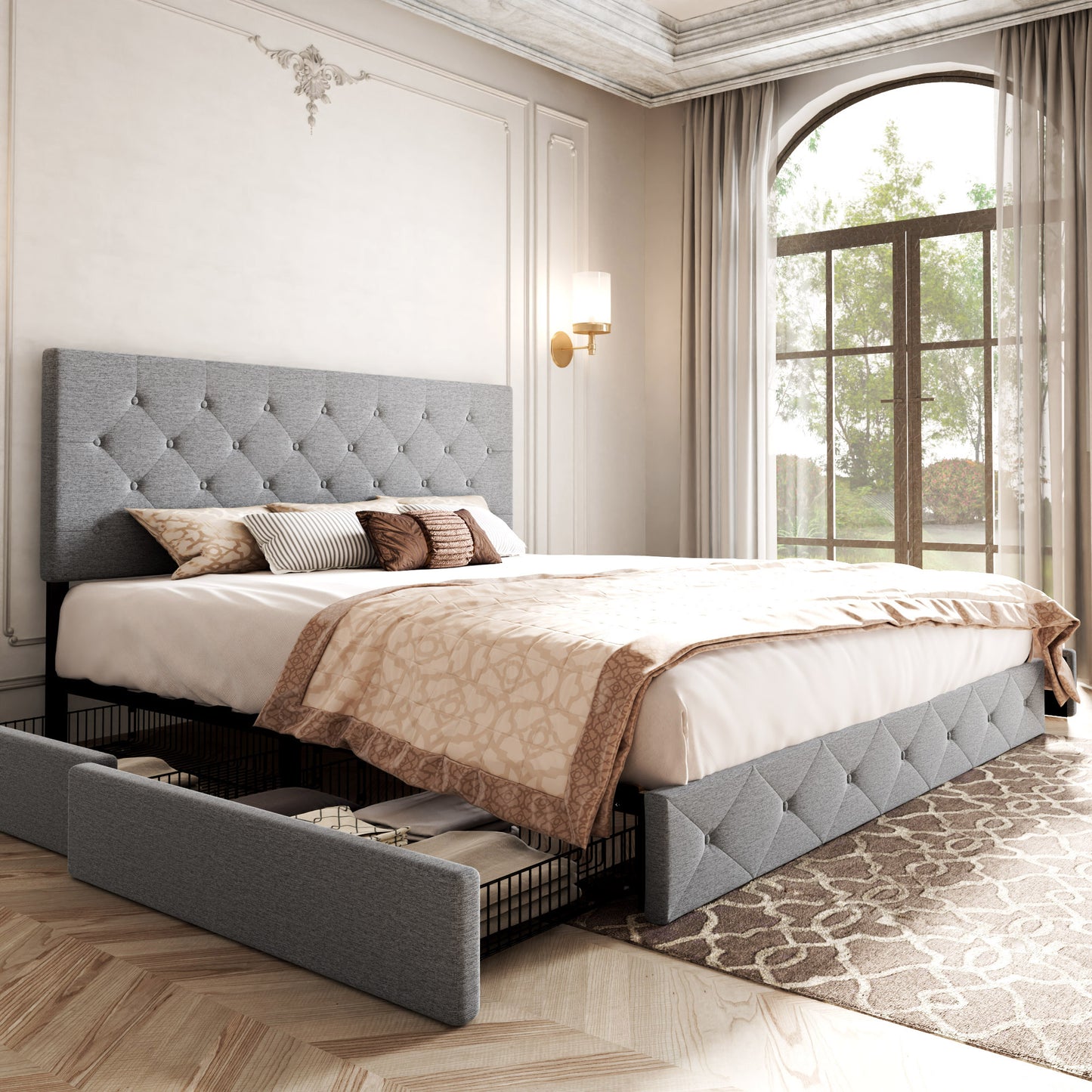 Allewie Queen Platform Bed Frame with 4 Drawers Storage and Headboard, Diamond Stitched Button Tufted Upholstered Mattress Foundation with Wood Slat Support, Dark Grey