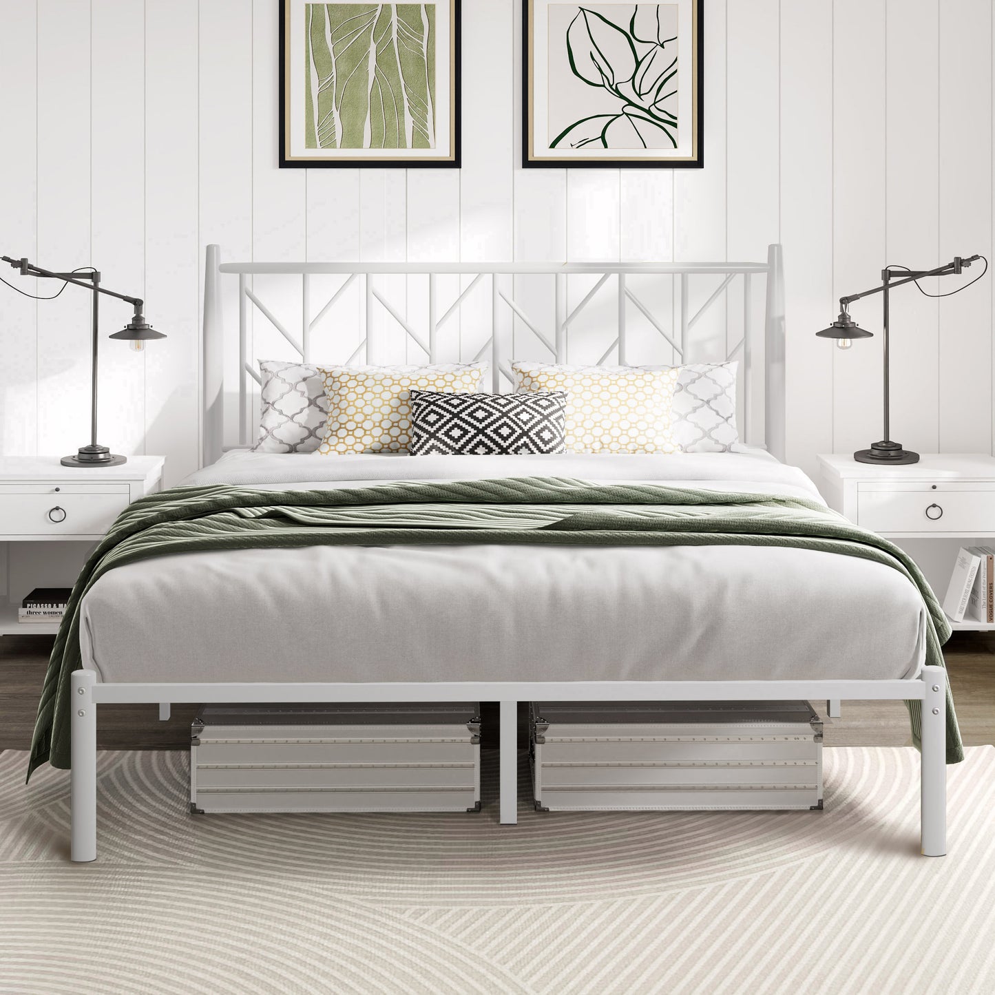 Allewie Gold Modern Platform Bed Frame with Vintage Headboard, 12'' Under-bed Storage