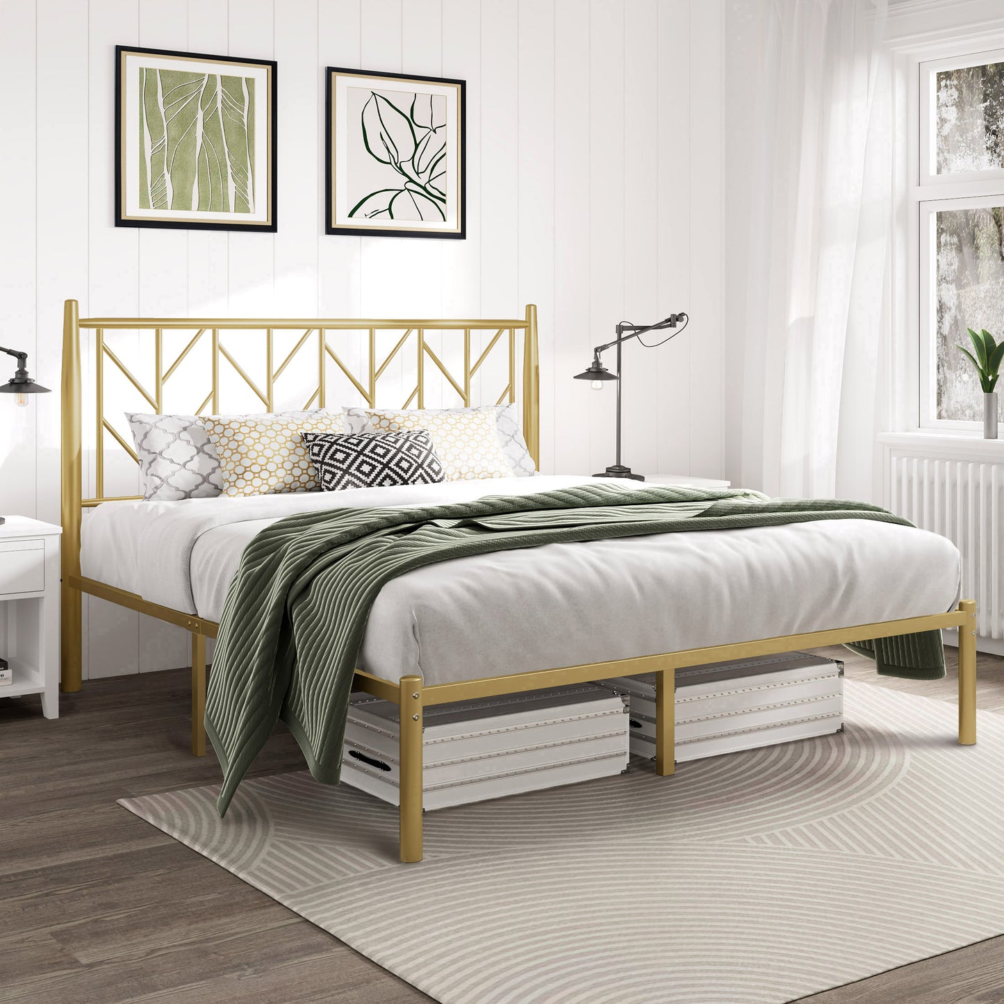 Allewie Gold Modern Platform Bed Frame with Vintage Headboard, 12'' Under-bed Storage